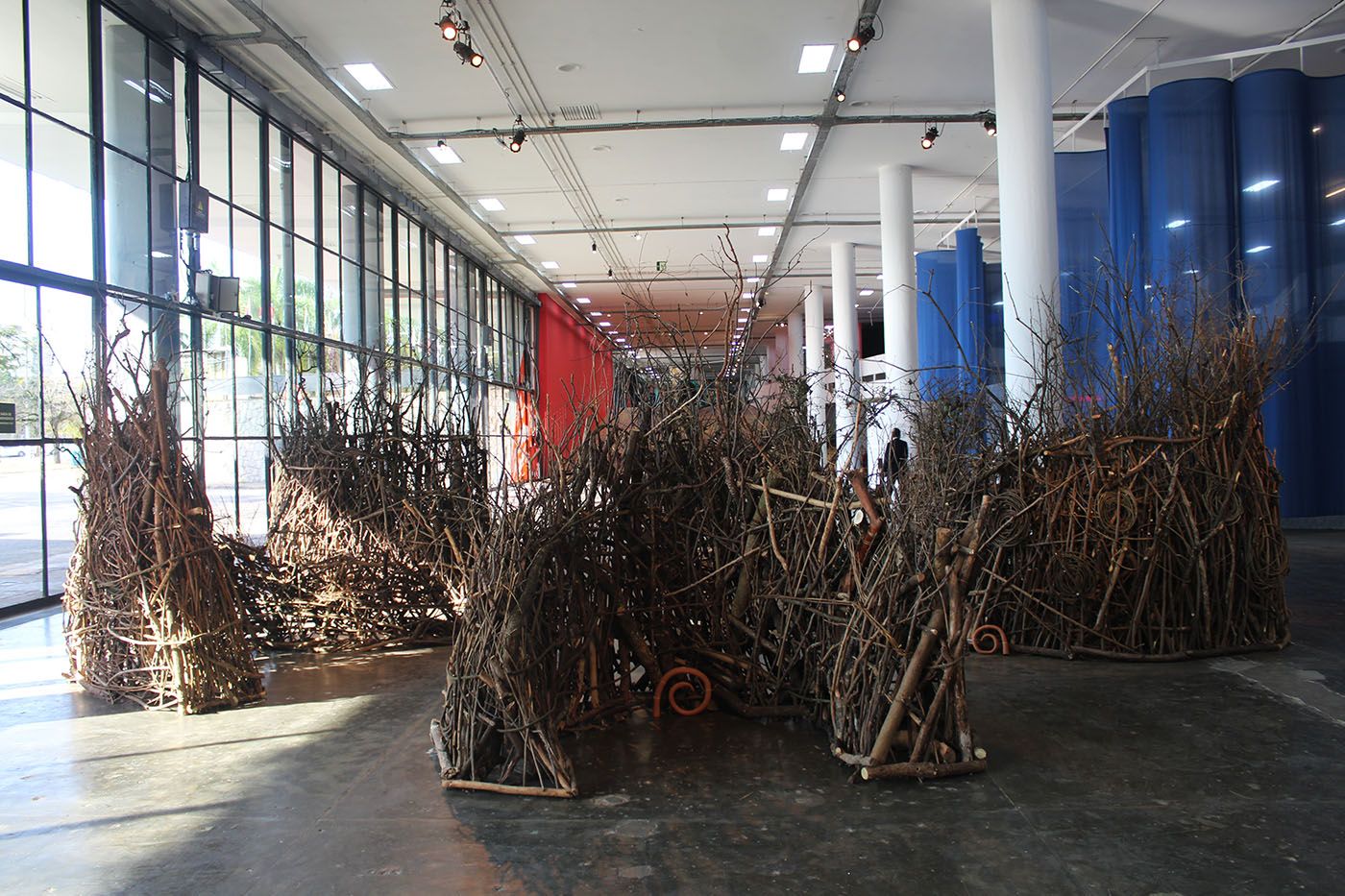 Sallisa Rosa, Many Names, 2025. Installation composed of spiral-shaped walls made of tree branches. Commissioned by Fundação Bienal de São Paulo for the 36th Bienal. Photo: Cristian Baena
