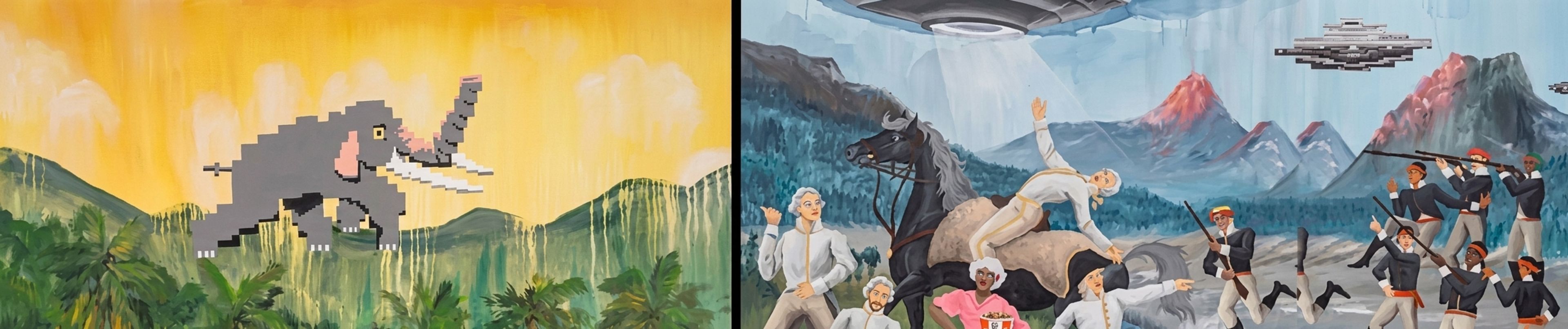 A diptych showing a blocky grey elephant flying over a jungle, and a historical scene with soldiers shooting at UFOs above a volcano.