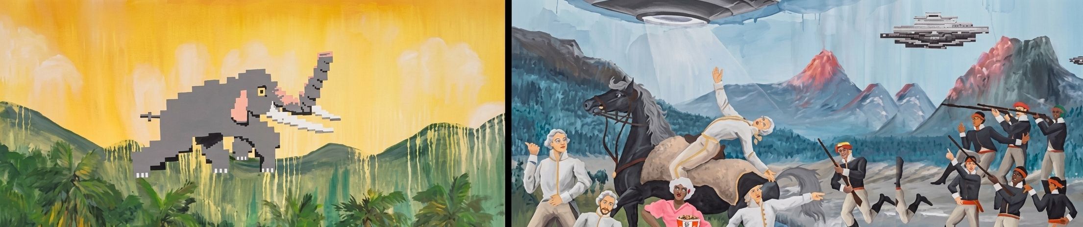 A diptych showing a blocky grey elephant flying over a jungle, and a historical scene with soldiers shooting at UFOs above a volcano.
