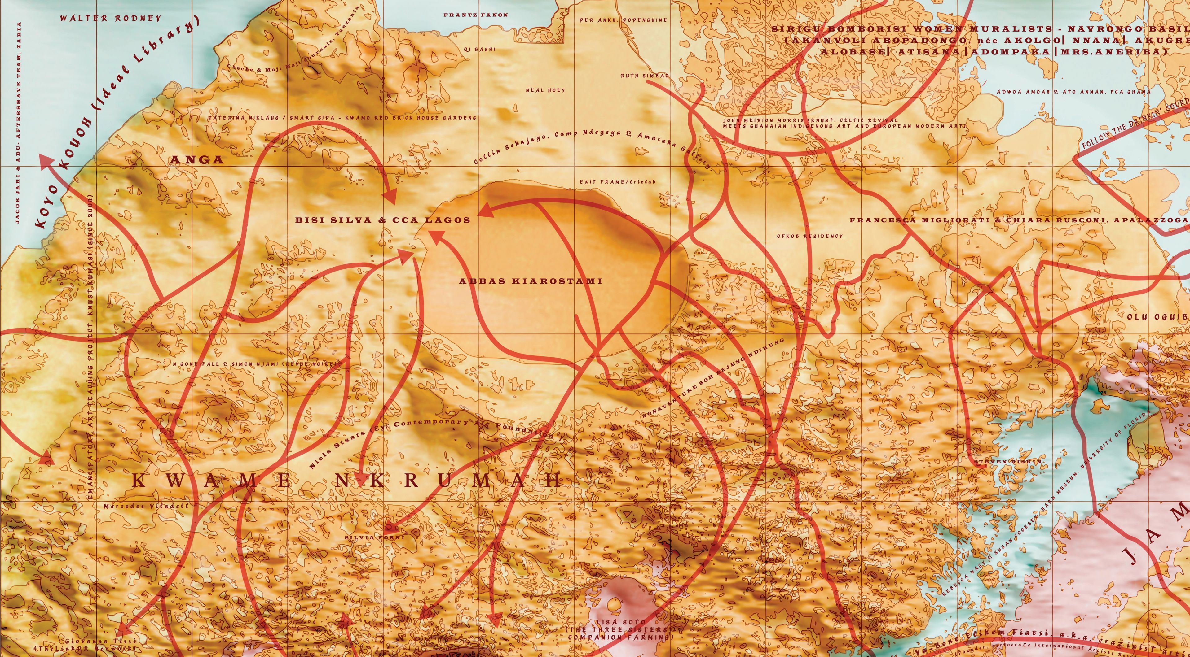 A stylized map with arid land and blue water, featuring red arrows indicating routes between labeled regions such as ANGA, ADHRA KIADOSTAMI, and KWAME NKRUMAH.