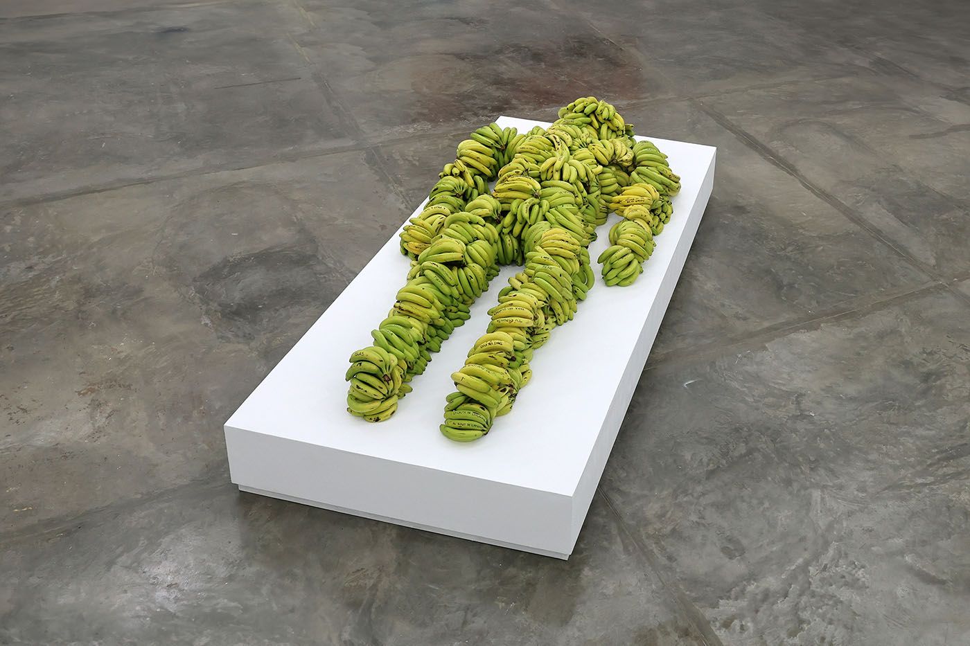 Jean-François Boclé: The Tears of Bananaman (2009-2024). Installation, 300 kilos of bananas with written messages on them.