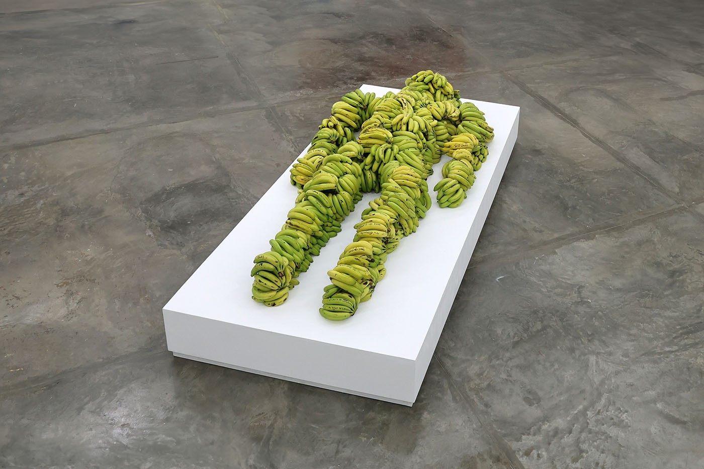 Jean-François Boclé: The Tears of Bananaman (2009-2024). Installation, 300 kilos of bananas with written messages on them.