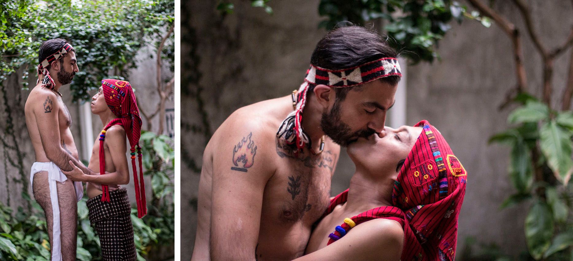 A two-part image shows a couple in traditional clothing. In the first part, they stand facing each other, holding hands. In the second, they kiss passionately.