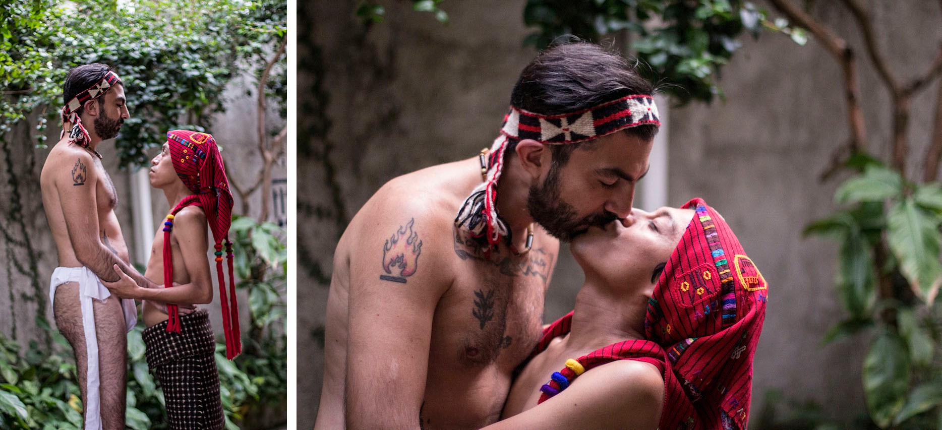 A two-part image shows a couple in traditional clothing. In the first part, they stand facing each other, holding hands. In the second, they kiss passionately.