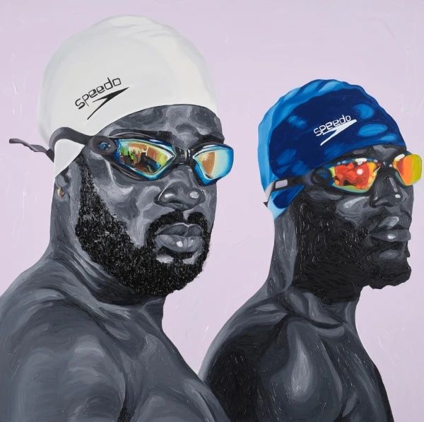 Painting of two Black men with beards, wearing Speedo swim caps (white and blue) and reflective goggles, with grayscale skin tones against a lavender background.