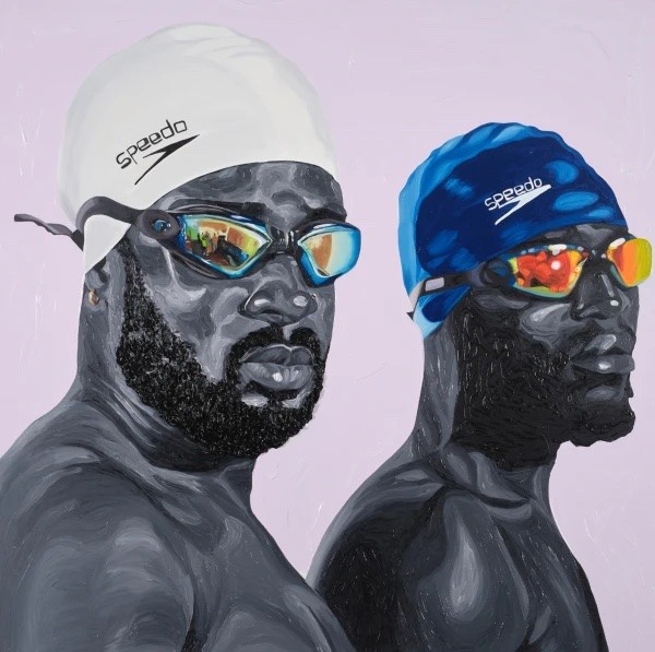 Painting of two Black men with beards, wearing Speedo swim caps (white and blue) and reflective goggles, with grayscale skin tones against a lavender background.