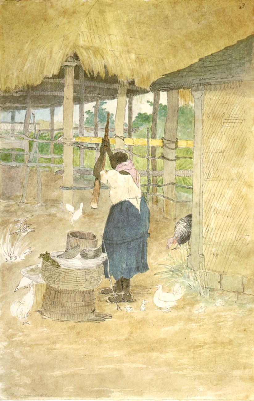 William Berryman, Pounding Cassava, Jamaica, 1808-1815, in: Slavery Images: A Visual Record of the African Slave Trade and Slave Life in the Early African Diaspora, Berryman128, metadata by Jerome Handler and Michael Tuite, 2019.