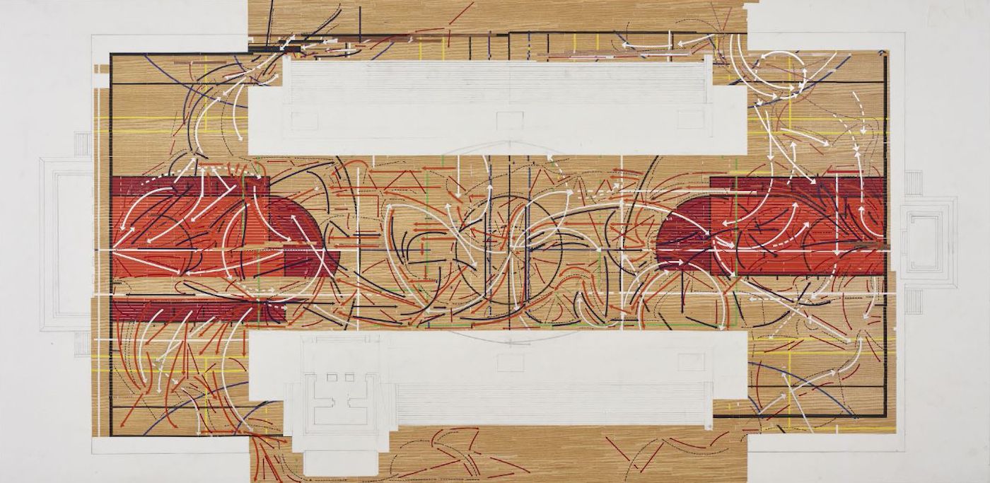 Ronny Quevedo, ULAMA-ULE-ALLEY OOP, 2017. Enamel, silver leaf, vinyl and graphite pencil on Mylar, 42 × 84 in. (106.7 × 213.4 cm). Collection of the artist. Photograph by Argenis Apolinario. Courtesy of the Whitney Museum of American Art, New York.