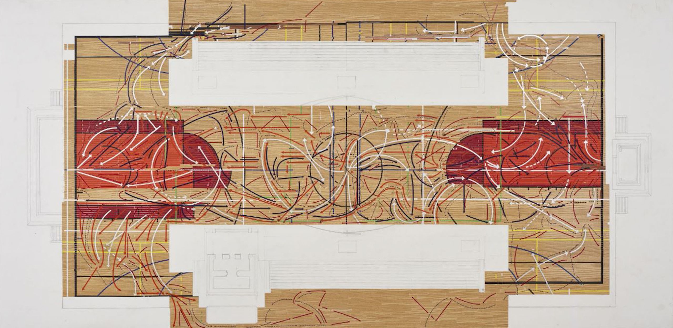Ronny Quevedo, ULAMA-ULE-ALLEY OOP, 2017. Enamel, silver leaf, vinyl and graphite pencil on Mylar, 42 × 84 in. (106.7 × 213.4 cm). Collection of the artist. Photograph by Argenis Apolinario. Courtesy of the Whitney Museum of American Art, New York.