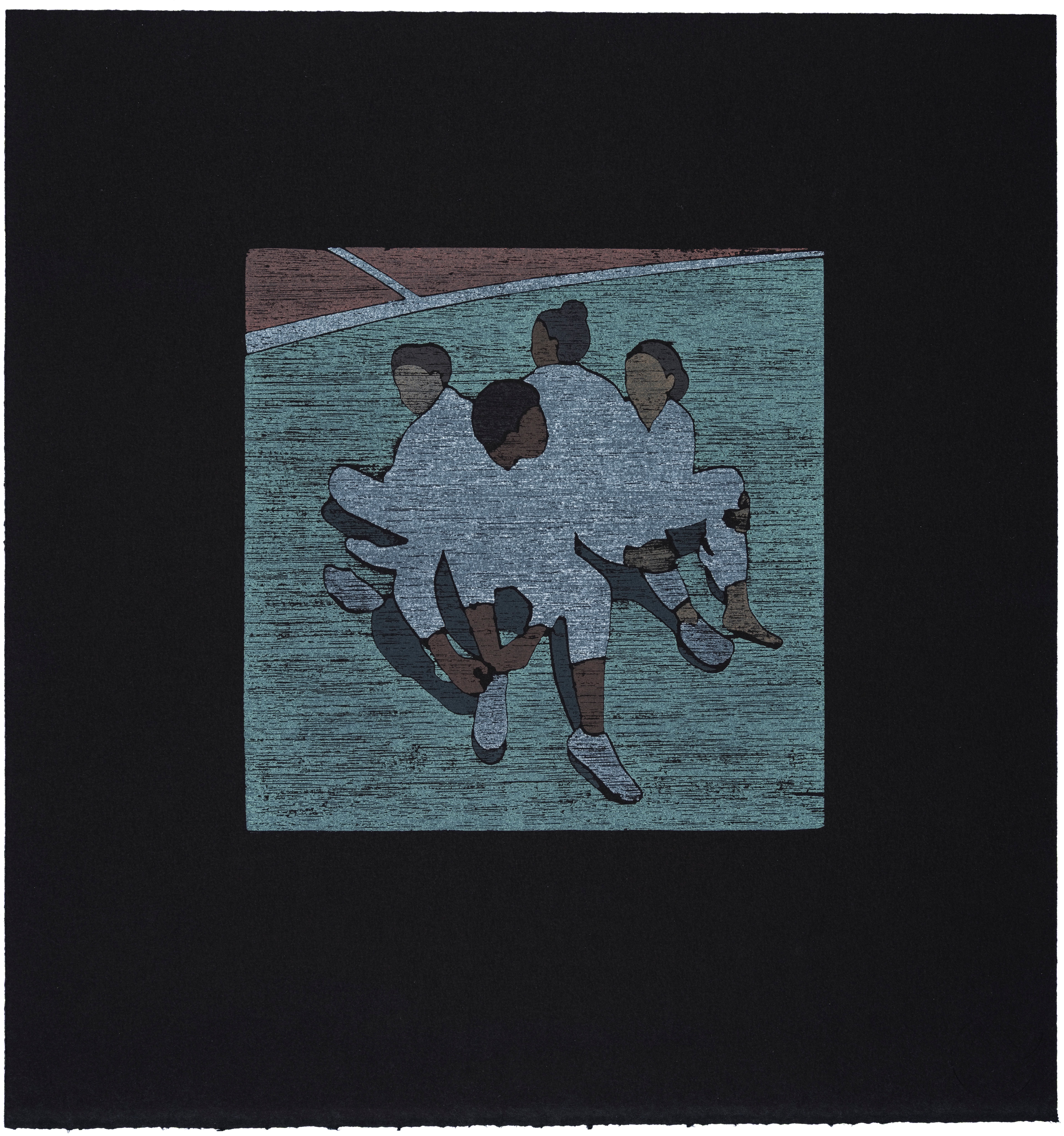 Stylized artwork depicting four figures sitting in a circle on a textured green field.