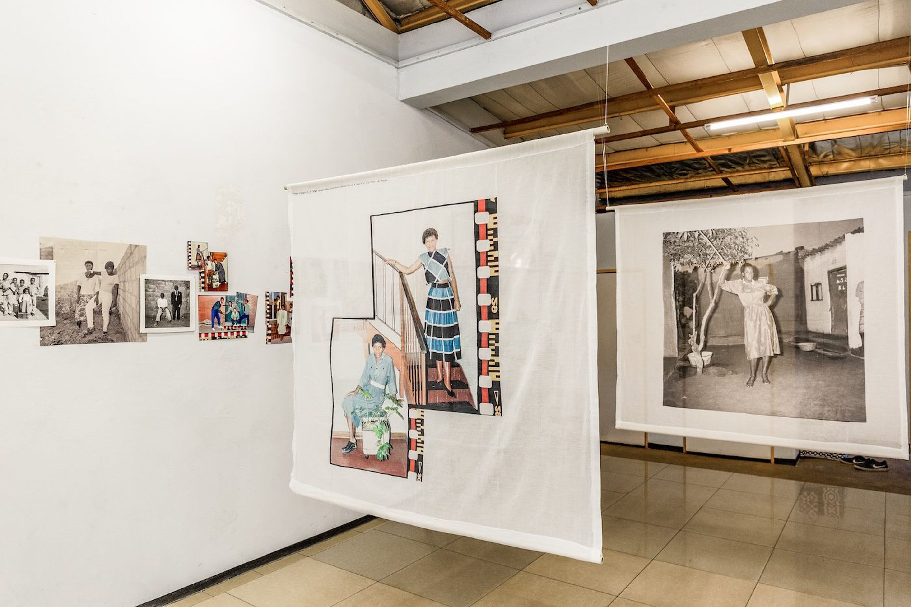 Installation view “I’ll Be Your Mirror”, Artists: Alick Phiri &amp; William Matlala, Everyday Lusaka Gallery, Lusaka 2025. Alick Phiri artworks: Monoprints on Canvas and Monoprints on Paper, Digital Prints on Fabric. William Matlala artworks: Digital prints on paper, Digital Prints on Fabric. Photo Courtesy of Maingaila Muvundika.