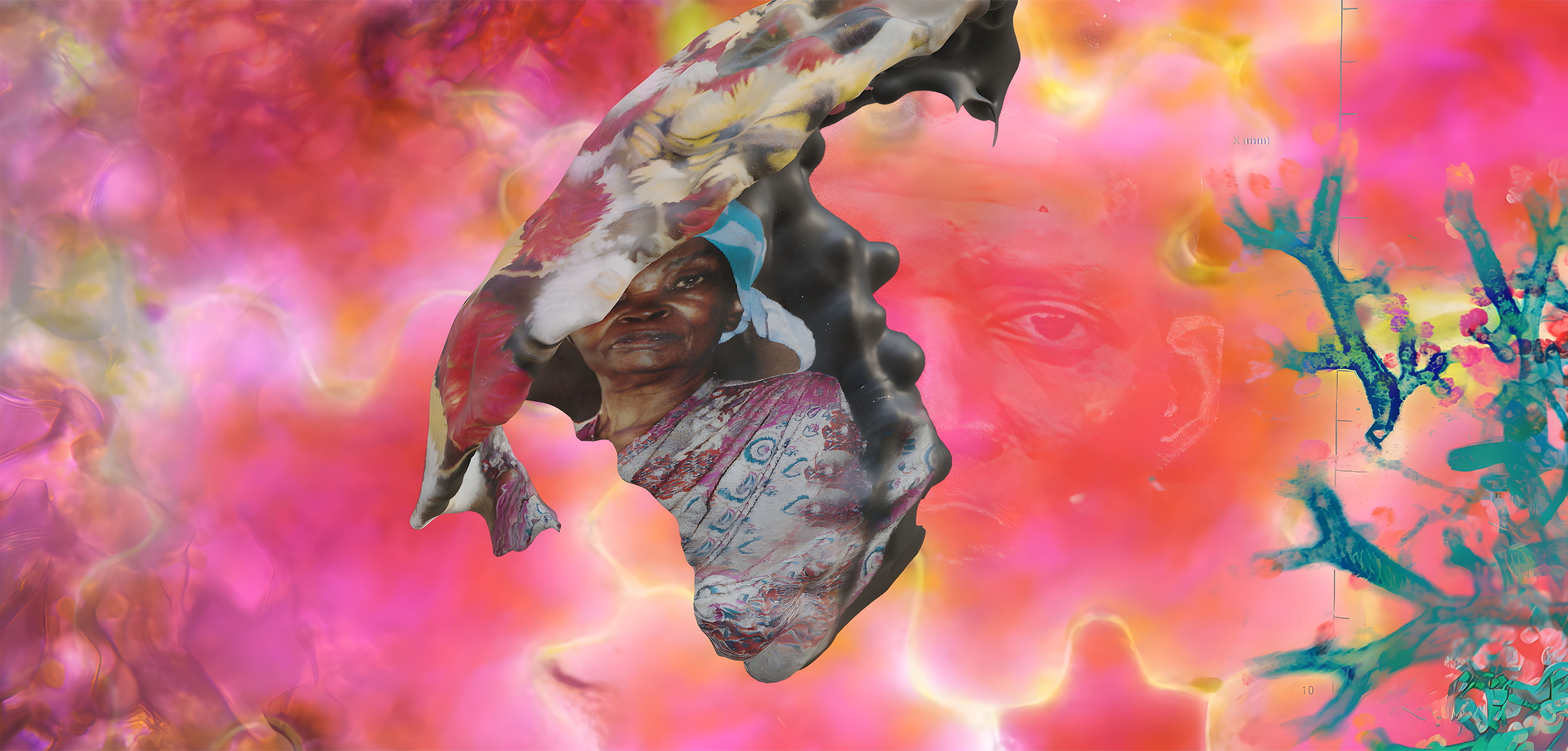 Surreal collage: a crumpled photo of a woman in a headscarf on an Africa-shaped dark form, amidst swirling pink-orange light, a faint eye, and a teal branching structure.
