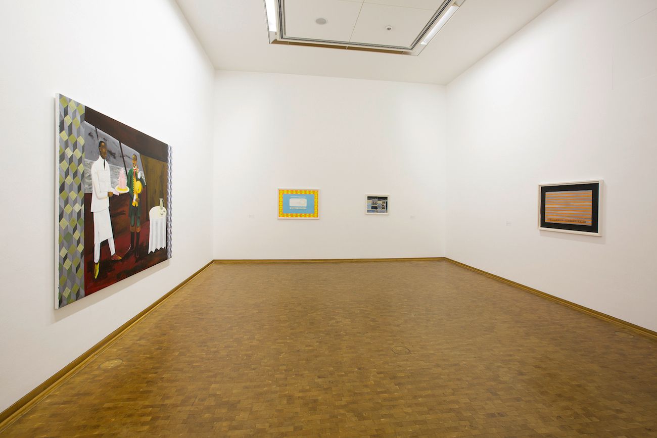Installation view Collection Contemporary Art, Museum Ludwig, Cologne 2018. © of the artist. Photo: Rheinisches Bildarchiv Köln, Rico Burgmann; art works (f.l.t.r.): Lubaina Himid, Le Rodeur: The Cabin [Le Rodeur: Die Kajüte], 2017 / Lubaina Himid, Spread the Word [Verbreite die Nachricht], 2016 / Lubaina Himid, Negative Positives: The Guardian Archive [Negative Positive: Das Guardian Archiv], 2007–2015 / Lubaina Himid, The Source of the Tears Is long Run Dry [Die Quelle der Tränen ist lange versiegt], 2016