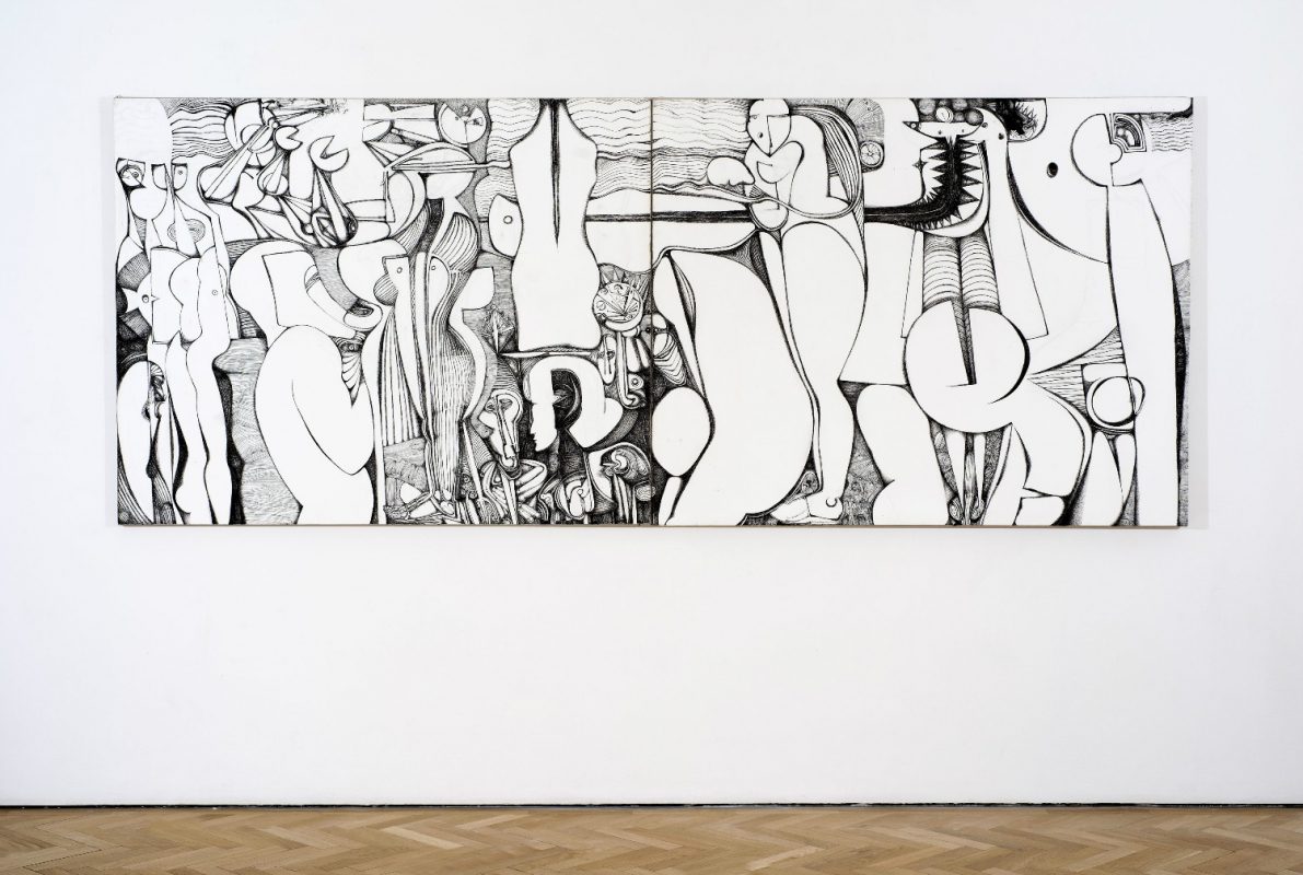 Ibrahim El-Salahi, Reborn Sounds of Childhood Dreams III, 2015, Pen and ink, 154 x 122 cm / 60 5/8 x 48 in. Image courtesy Vigo Gallery