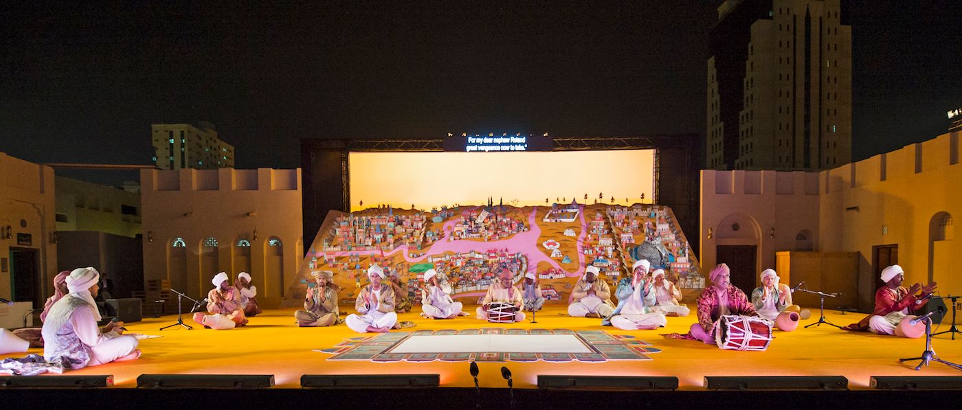 Wael Shawky, The Song of Roland: The Arabic Version, 2018. Performance, 60 minutes. Part of Sharjah Art Foundation’s March Meeting 2018. Produced by Kampnagel, Hamburg and co-produced by Theater der Welt Festival 2017, Sharjah Art Foundation, Holland Festival, Onassis Cultural Centre-Athens and Zürcher Theater Spektakel. Funded by Bundeszentrale für politische Bildung and Bahrain Authority for Culture and Antiquities. Image courtesy of Sharjah Art Foundation.