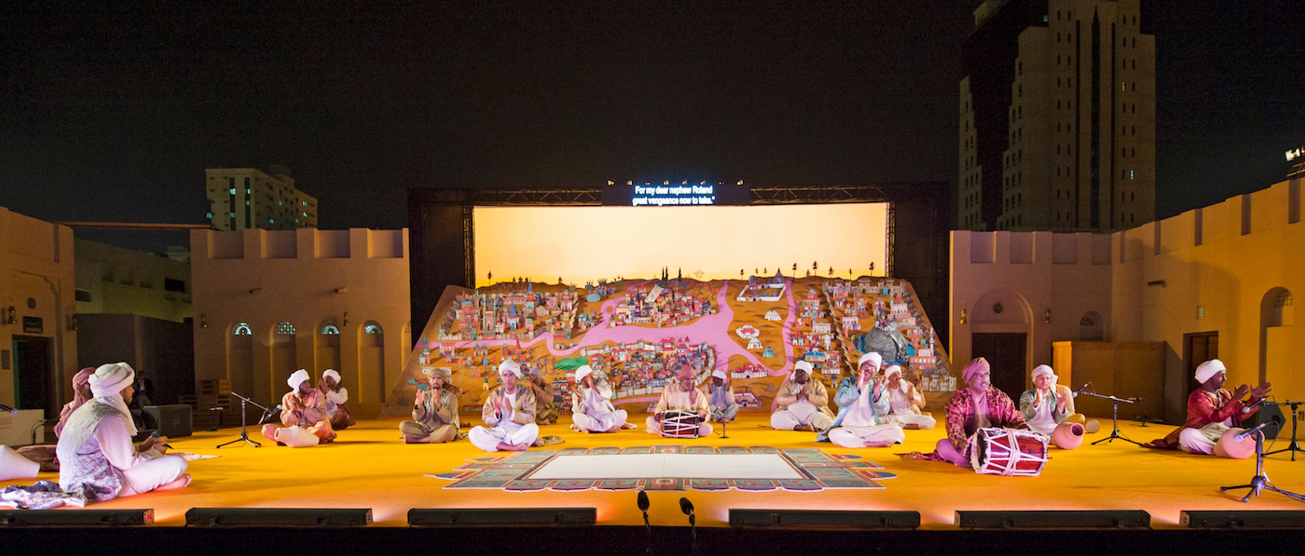 Wael Shawky, The Song of Roland: The Arabic Version, 2018. Performance, 60 minutes. Part of Sharjah Art Foundation’s March Meeting 2018. Produced by Kampnagel, Hamburg and co-produced by Theater der Welt Festival 2017, Sharjah Art Foundation, Holland Festival, Onassis Cultural Centre-Athens and Zürcher Theater Spektakel. Funded by Bundeszentrale für politische Bildung and Bahrain Authority for Culture and Antiquities. Image courtesy of Sharjah Art Foundation.