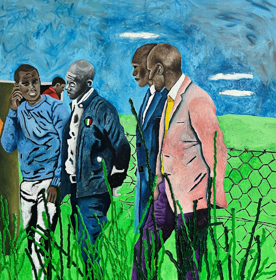 A painting depicting a group of Black men in diverse clothing, including suits, standing in tall green grass beside a wire fence under a bright blue sky.