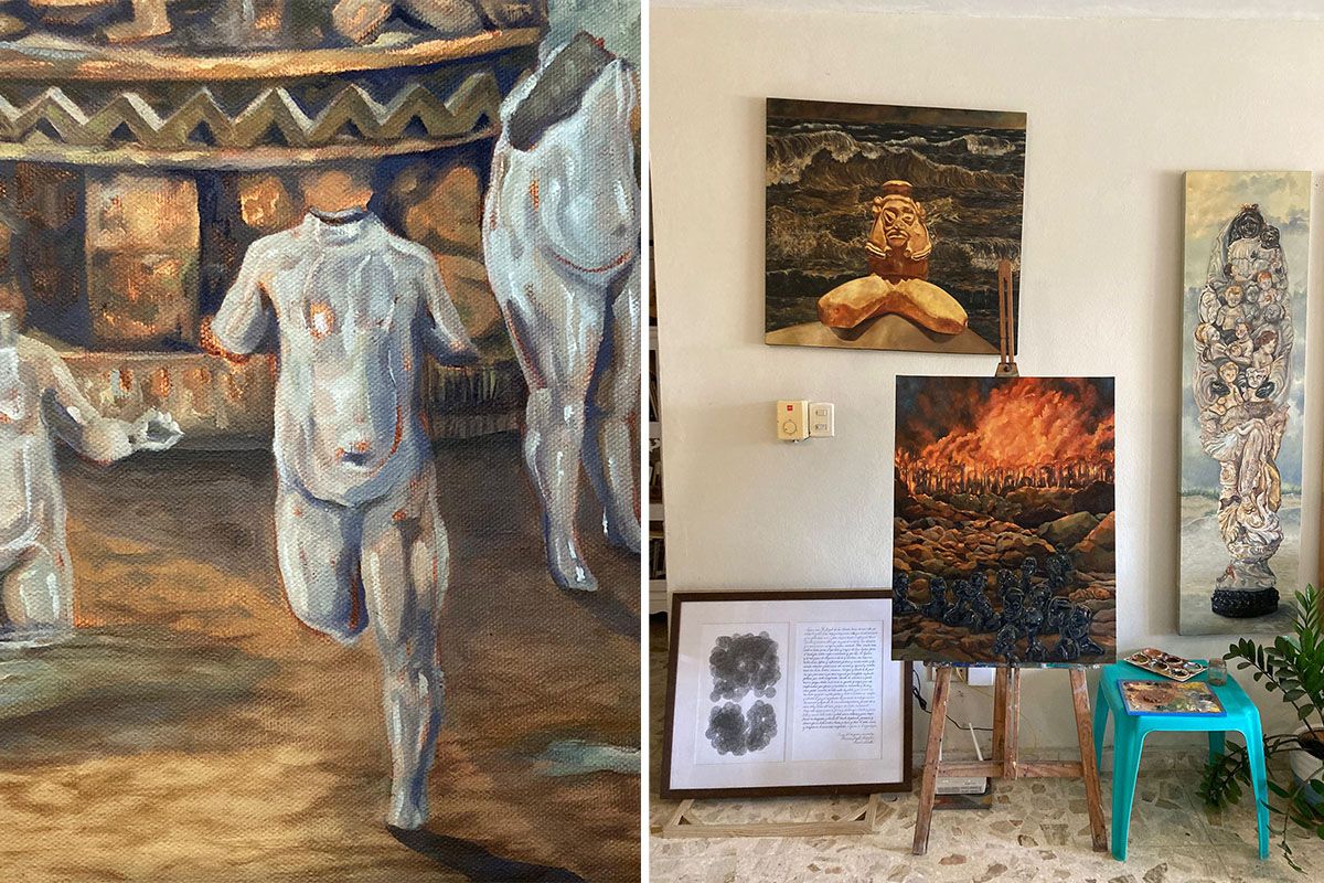 Studio of Julianny Ariza Vólquez in Santo Domingo, DR. Detail “Baobab (2023),” from the series “No-Objects”, Oil on canvas. 32“ x 25”, 2021-2023. Photos: Marny Garcia Mommertz.