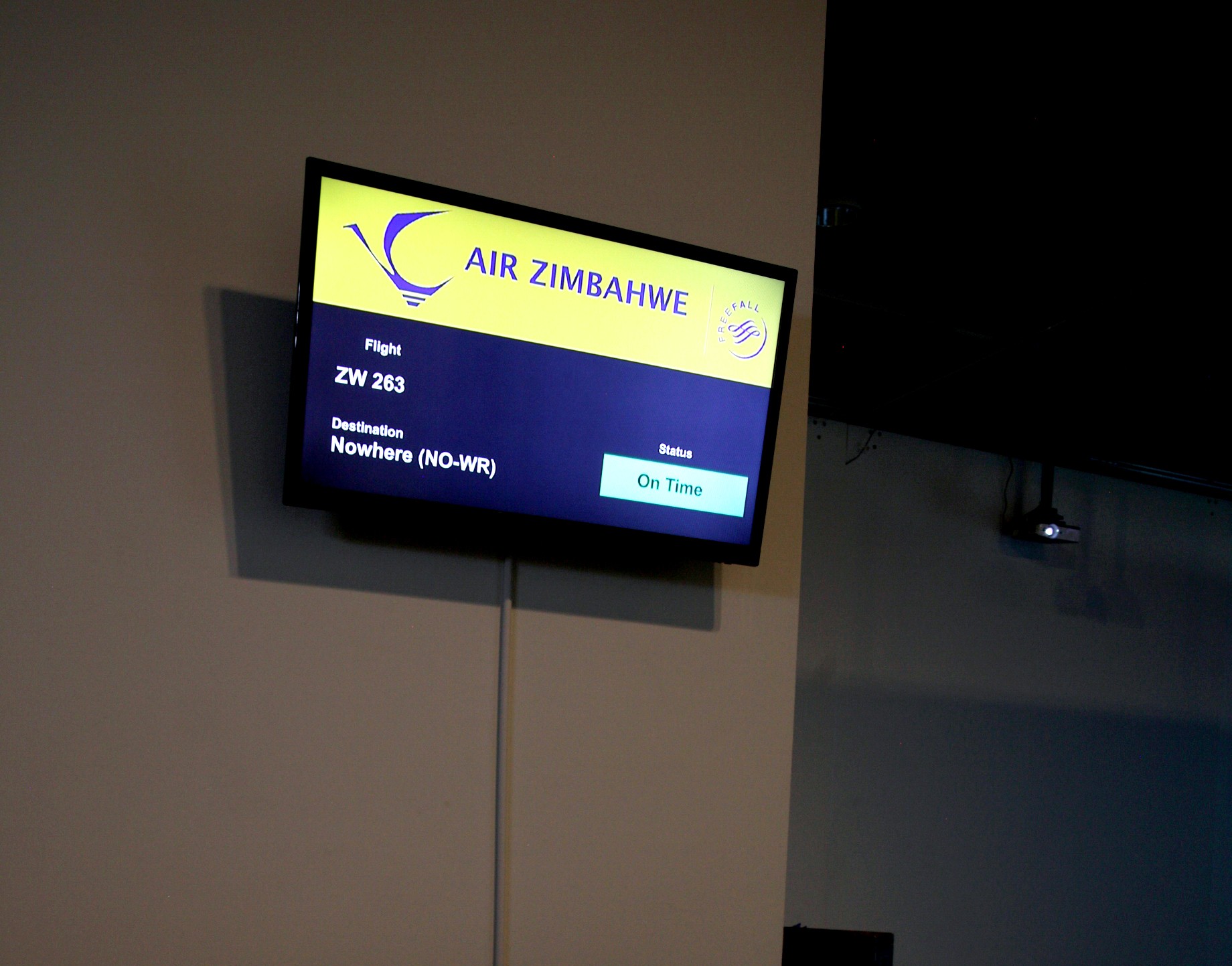 Lucia Nhamo, Free Fall: A Chronology of the Zimbabwe Dollar, 2015. Installation detail. 3-channel video animation, custom-packaged peanuts, LED screen, glass case, defunct currency, video, live performance. Courtesy of the artist