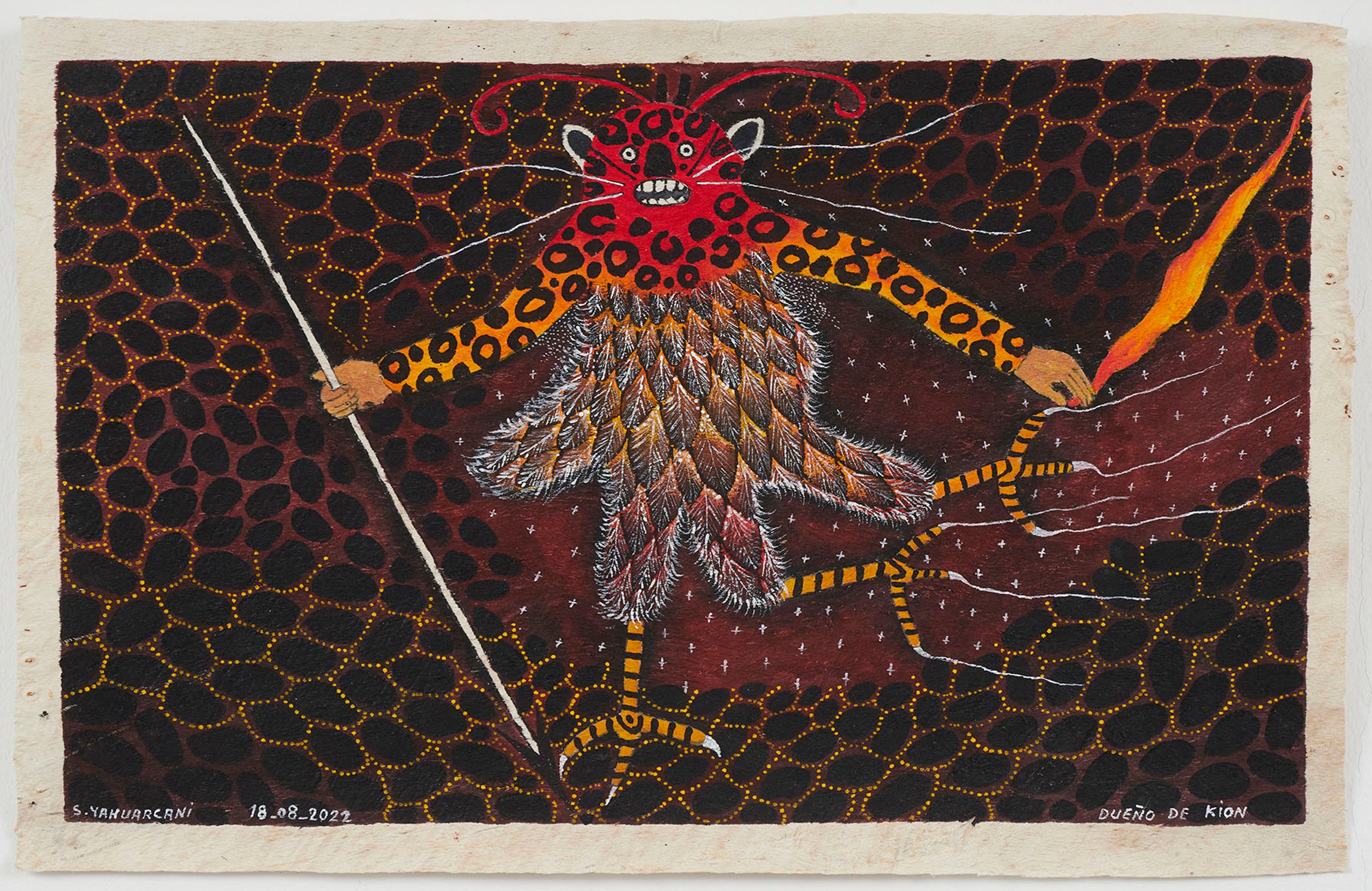 A vibrant painting of a mythical creature with a red leopard head, feathered body, spotted limbs ending in claws, holding a spear and a flame against a dark, patterned background.