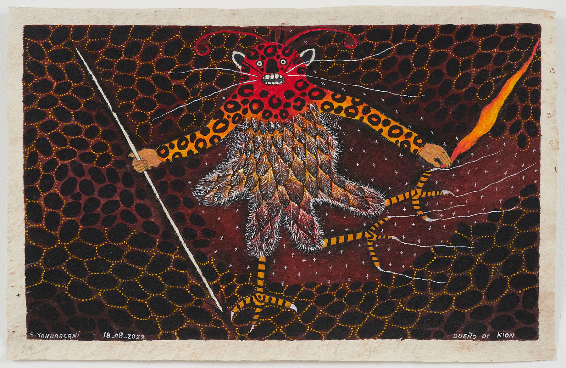 A vibrant painting of a mythical creature with a red leopard head, feathered body, spotted limbs ending in claws, holding a spear and a flame against a dark, patterned background.
