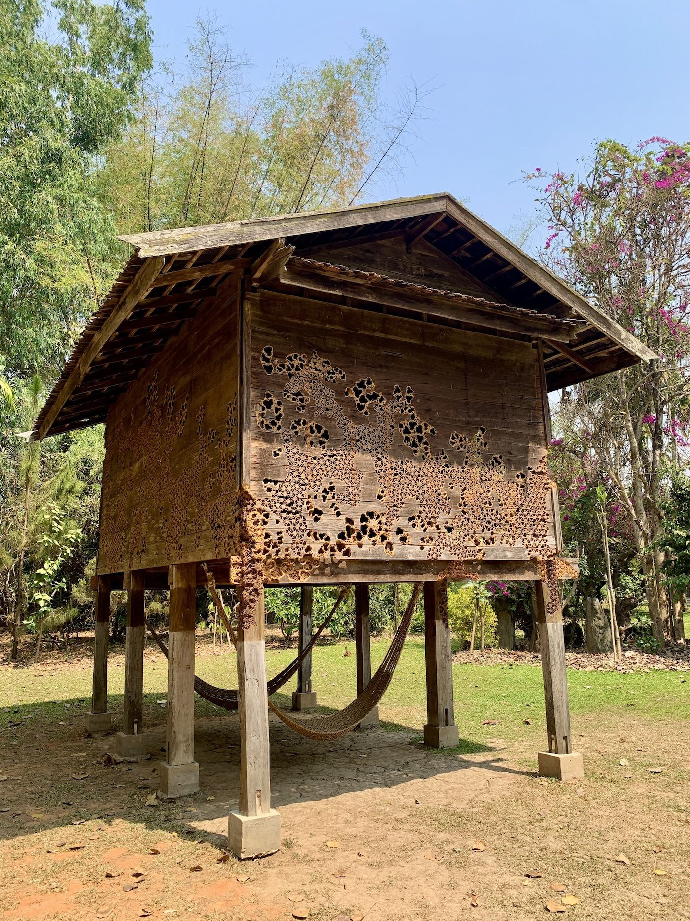 Ryusuke Kido, Inner Light – Chiang Rai Rice Barn, 2023. Kido collaborated with local craftsman Kamjan Yano. He carves a rice barn from 80-year-old teak, retired from peasant culture. Photo: C&