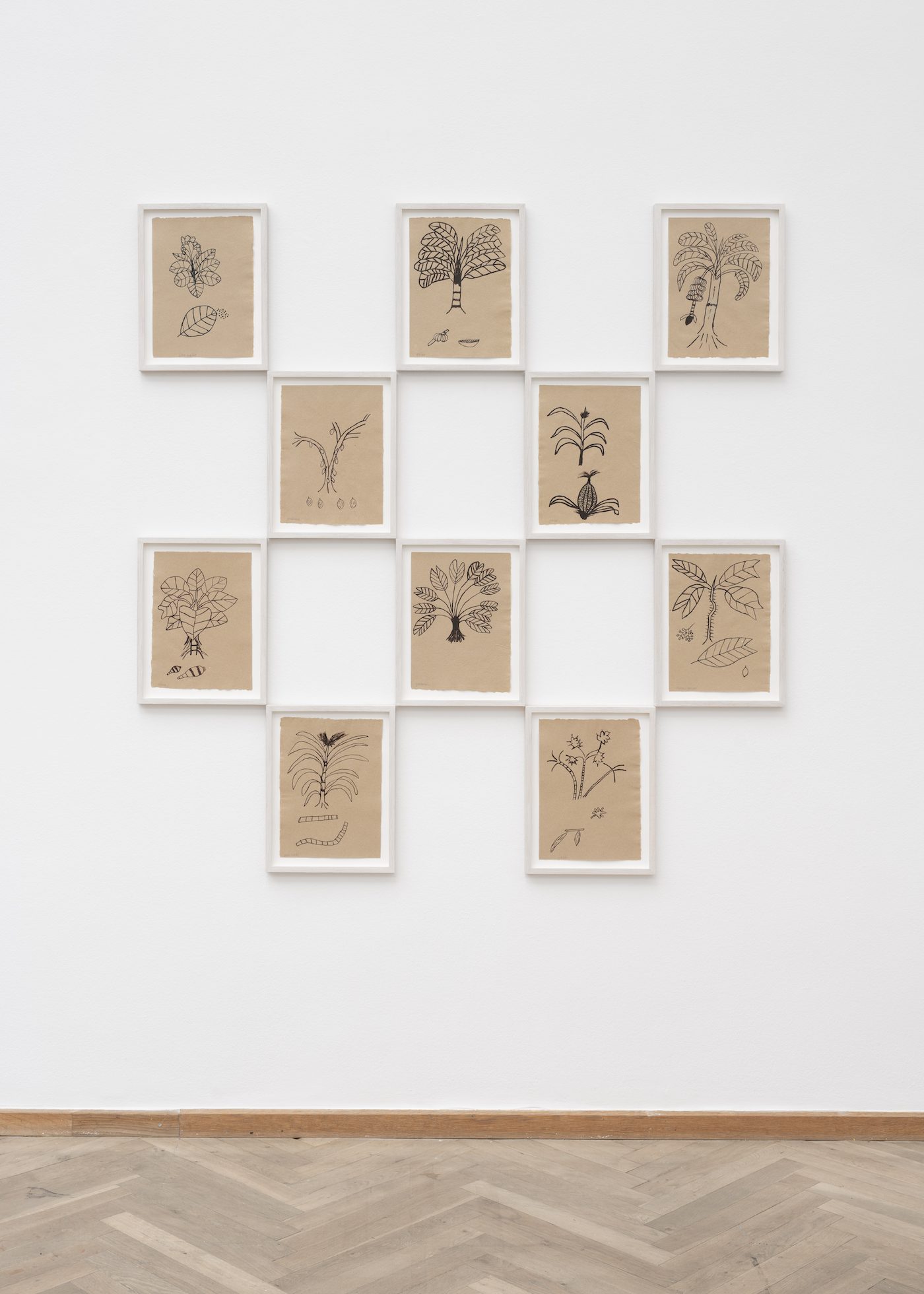 Sheroanawe Hakihiiwe, S/T, 2017. Ohina, 2018. Yohomi, 2018. Ketipa, 2018. Pee nahe, 2018. Nashi, 2018. Puu usiki, 2018. Pohoro, 2018. Yono, 2018. Nioma Henaki, 2018. Detail, Seeds and Souls, Kunsthal Charlottenborg, 2023. Courtesy of the artist. Photo by David Stjernholm.