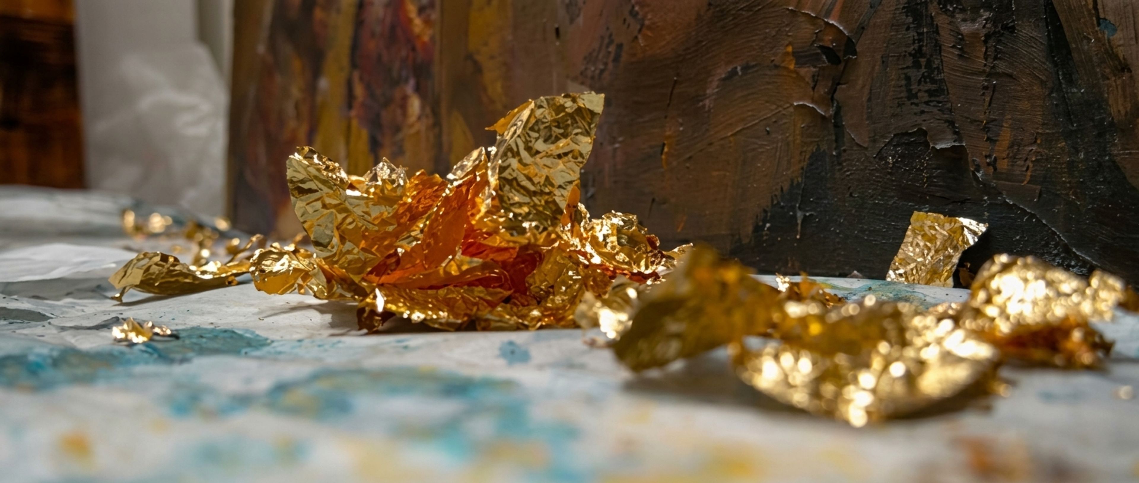 Crumpled gold leaf scattered on a textured surface in front of a painted canvas.
