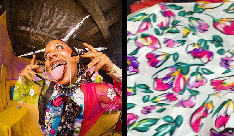 Right: Capture of the video directed by Raymi Paulus of the song Tukuntazo with pieces made by TDZ in collaboration with Tokischa. All the pieces are made with clothes from flea markets. Left: Detail of some of the fabrics used for the piece. This was the first project created together with Nicole Torres, part of the team that makes up the TDZ workshop.