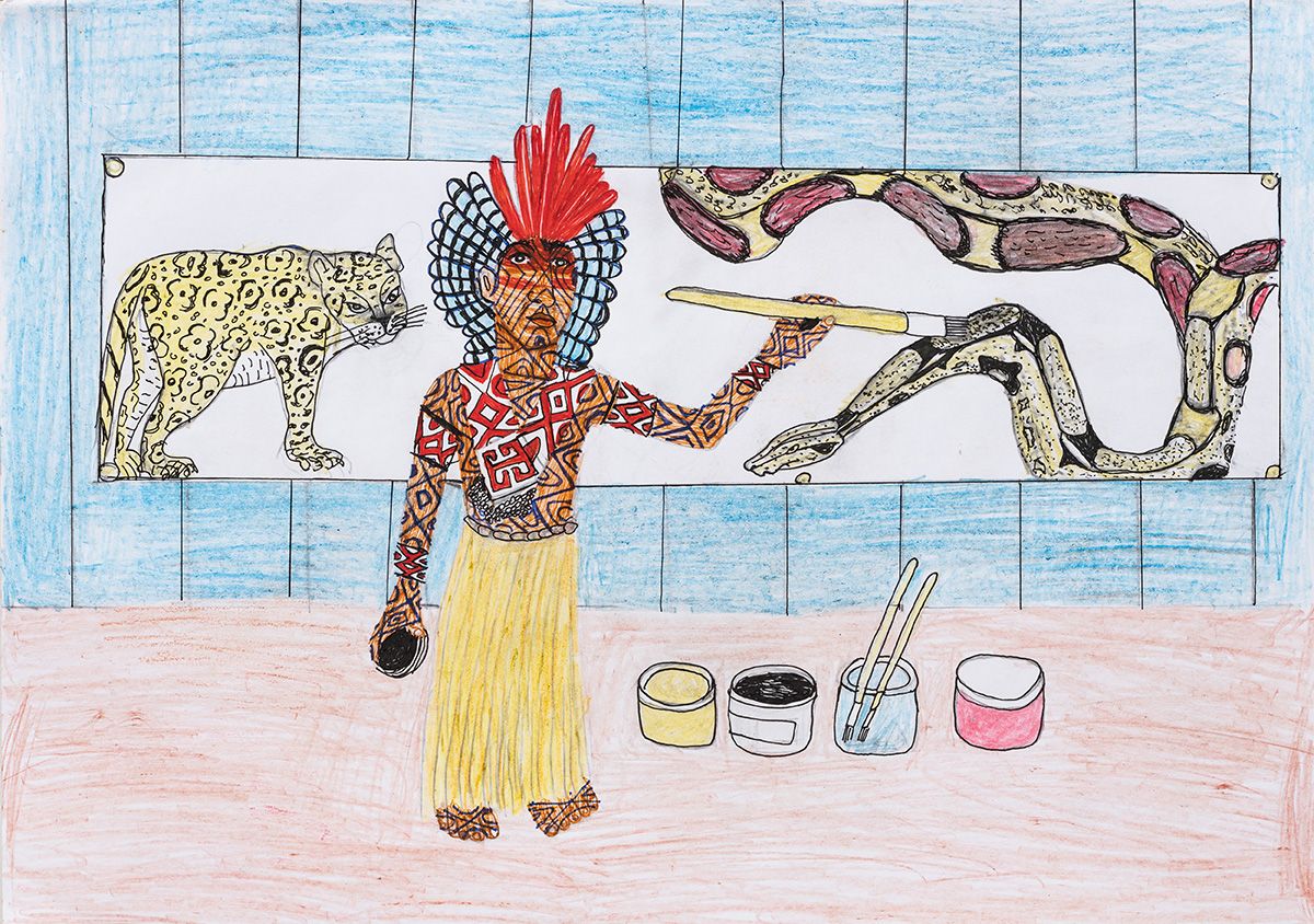 Ibã Huni Kuin, Acelino Huni Kuin, MAHKU, Painting of Everyday Life, 2020. Ballpoint pen ink and colored pencil on paper, 30 × 42 cm. São Paulo Museum of Art Assis Chateaubriand, MASP Afterall Art School, 2021.