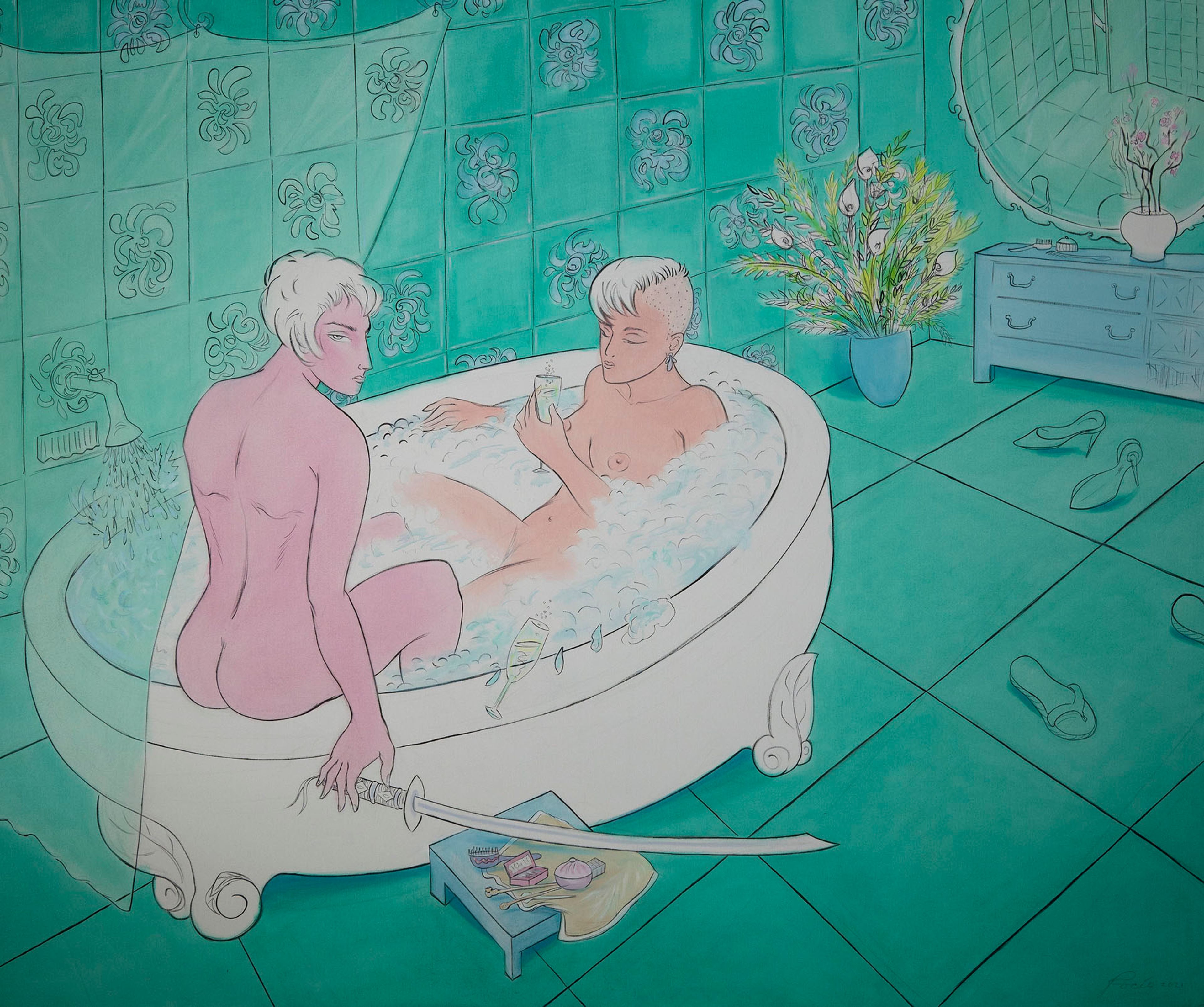 Illustration of two naked people in a teal bathroom; one sits on the edge of a bubble bath holding a katana, while the other relaxes in the bubbles with a drink.