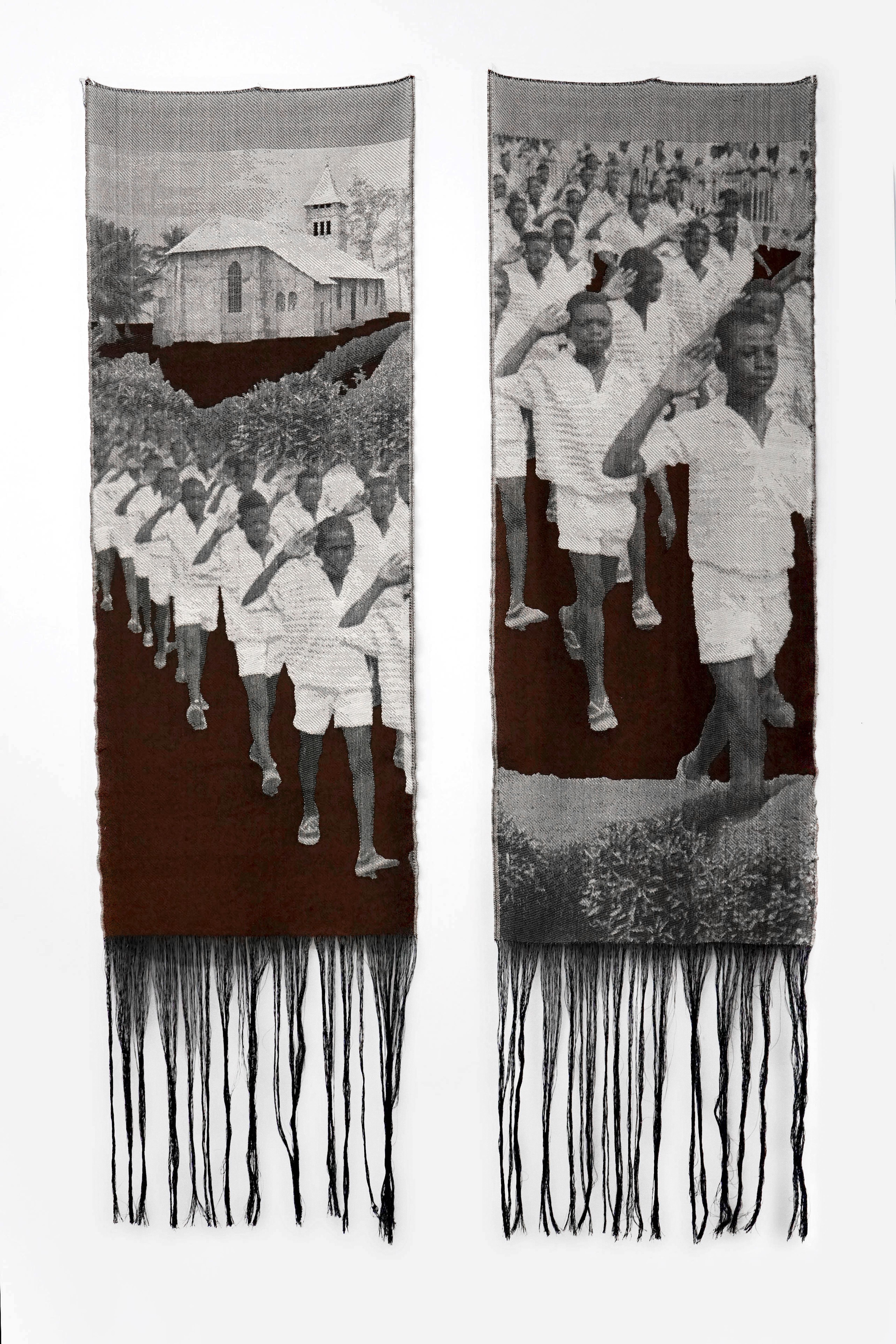 Two woven textile panels feature black-and-white images of saluting youth and a church against a dark brown background, fringed at the bottom.