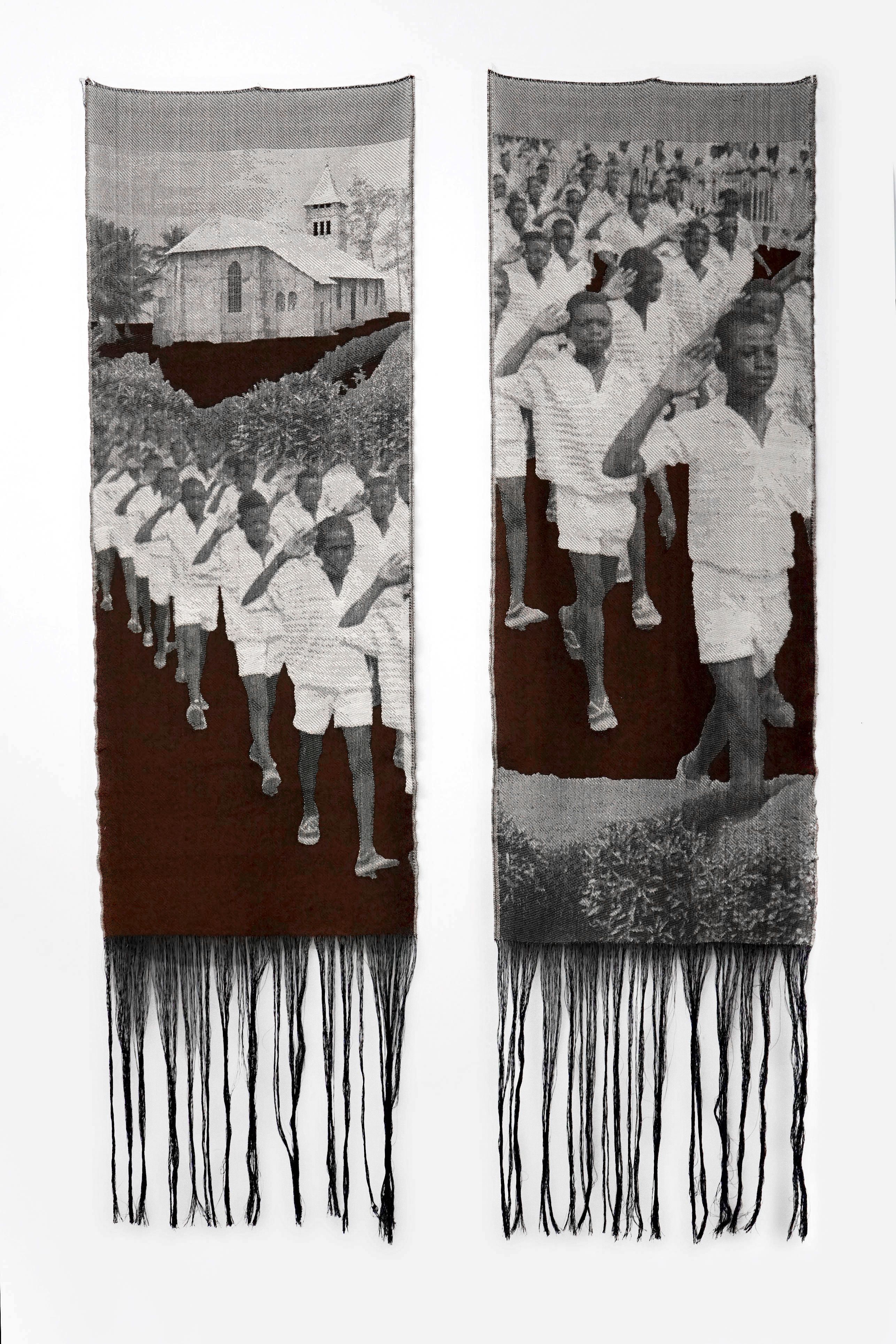 Two woven textile panels feature black-and-white images of saluting youth and a church against a dark brown background, fringed at the bottom.