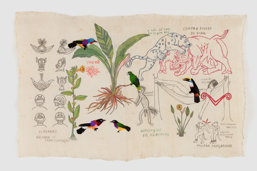 A colorful, detailed drawing on rough paper depicts indigenous figures, mythological animals, and everyday scenes, with vibrant birds, plants, and Portuguese text.