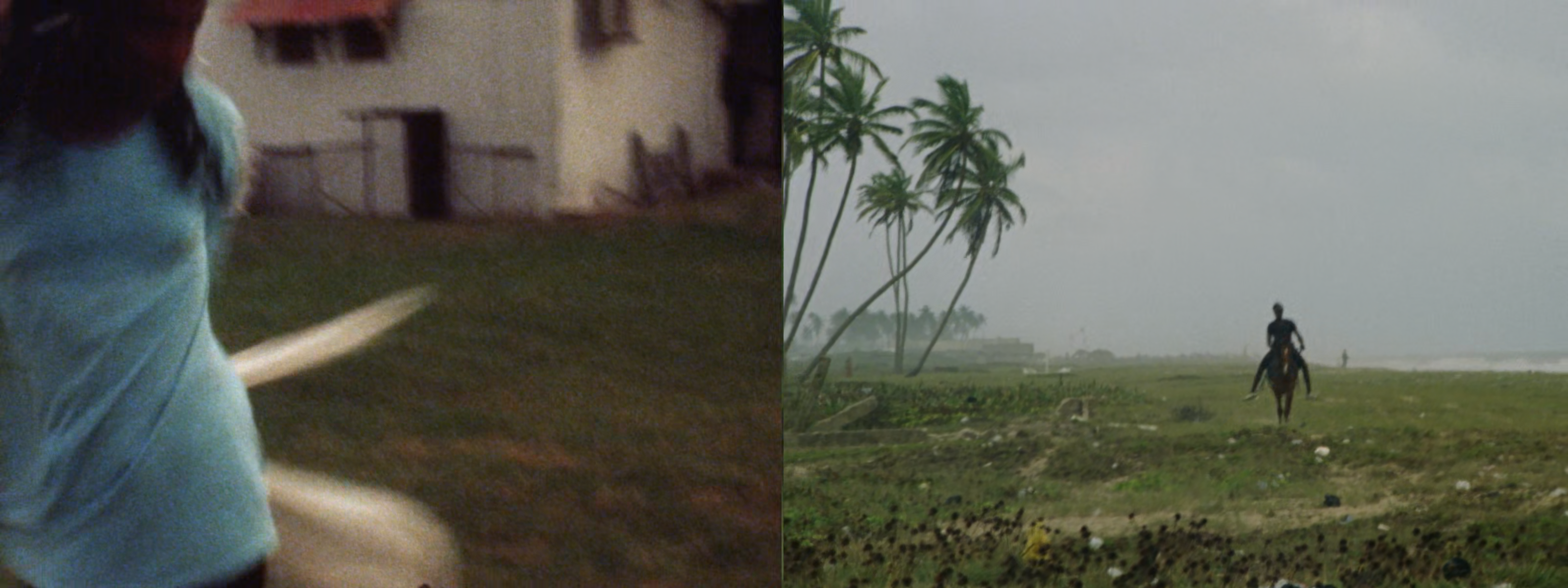 A diptych: a blurry person in a light blue shirt on the left; a person riding a horse on a coastal plain with palm trees and the sea on the right.