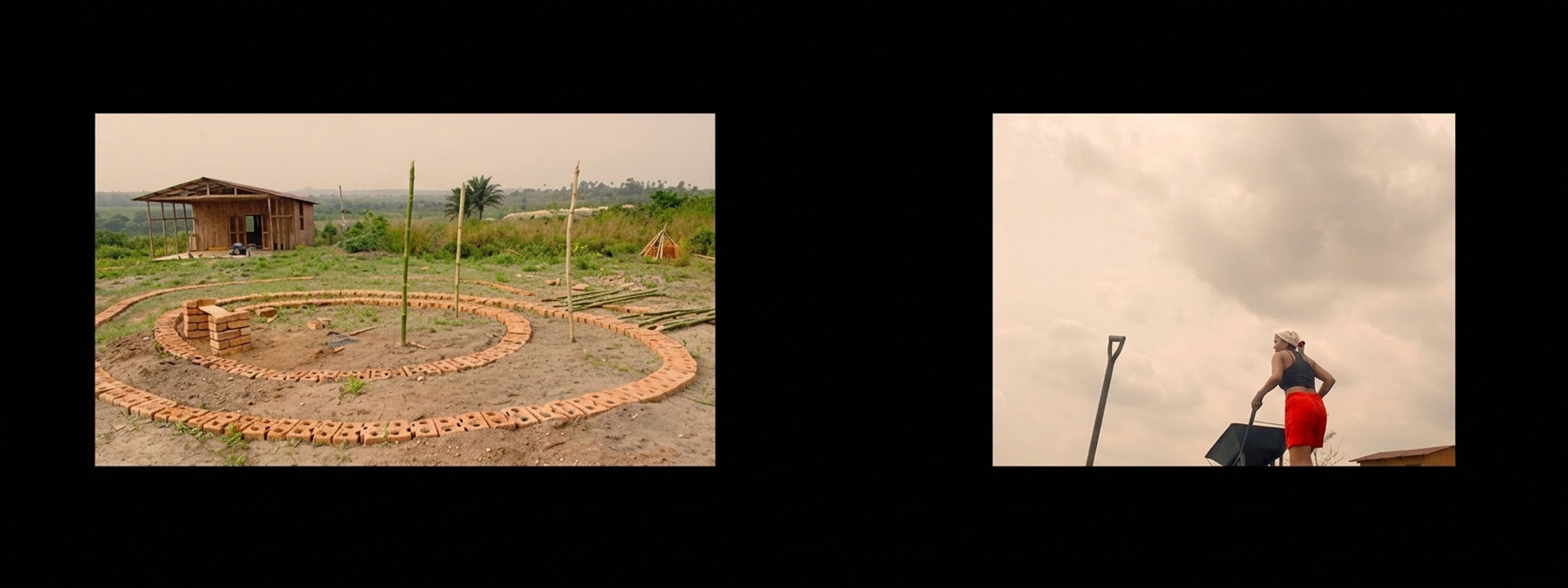 Two frames: a rustic building and spiral brick path on dirt, and a woman pushing a wheelbarrow.