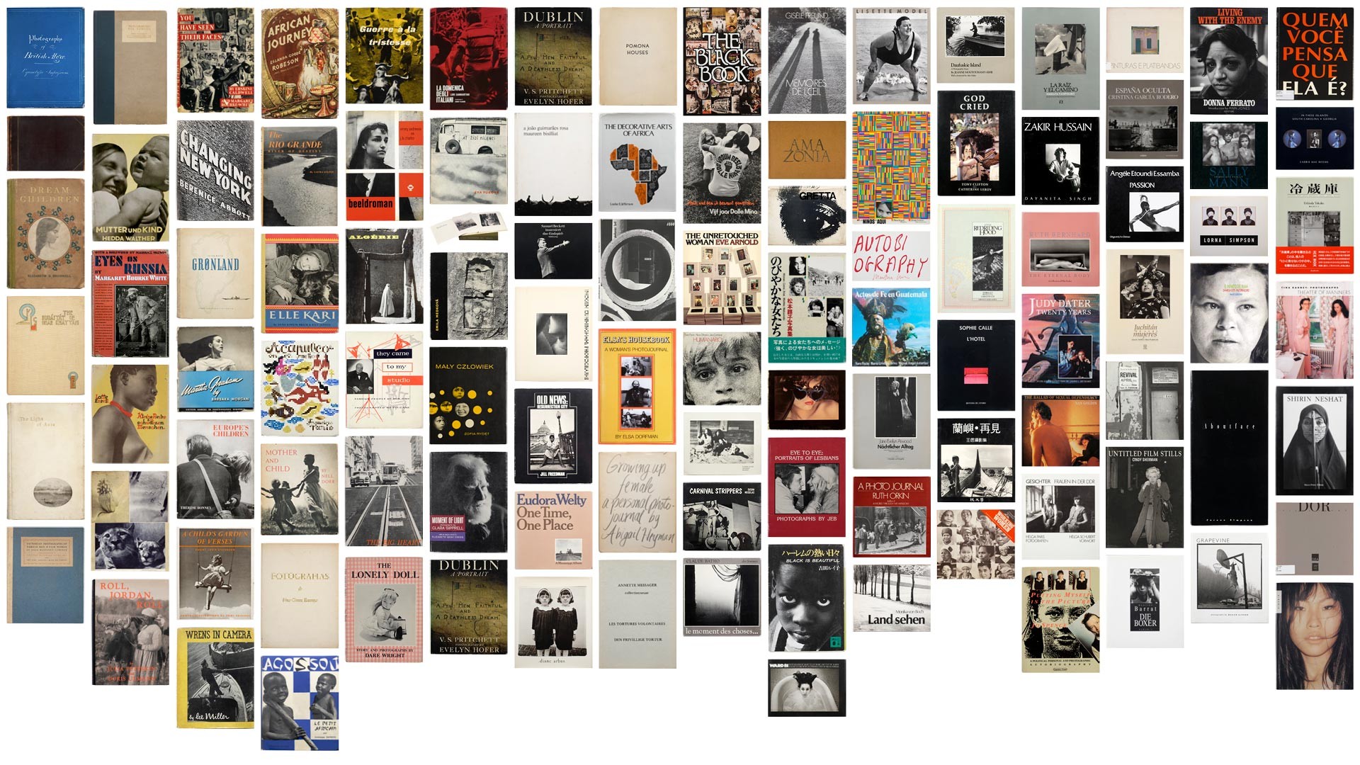 A large, dense collage of numerous book covers, displaying diverse photographic portraits, landscapes, and graphic designs.