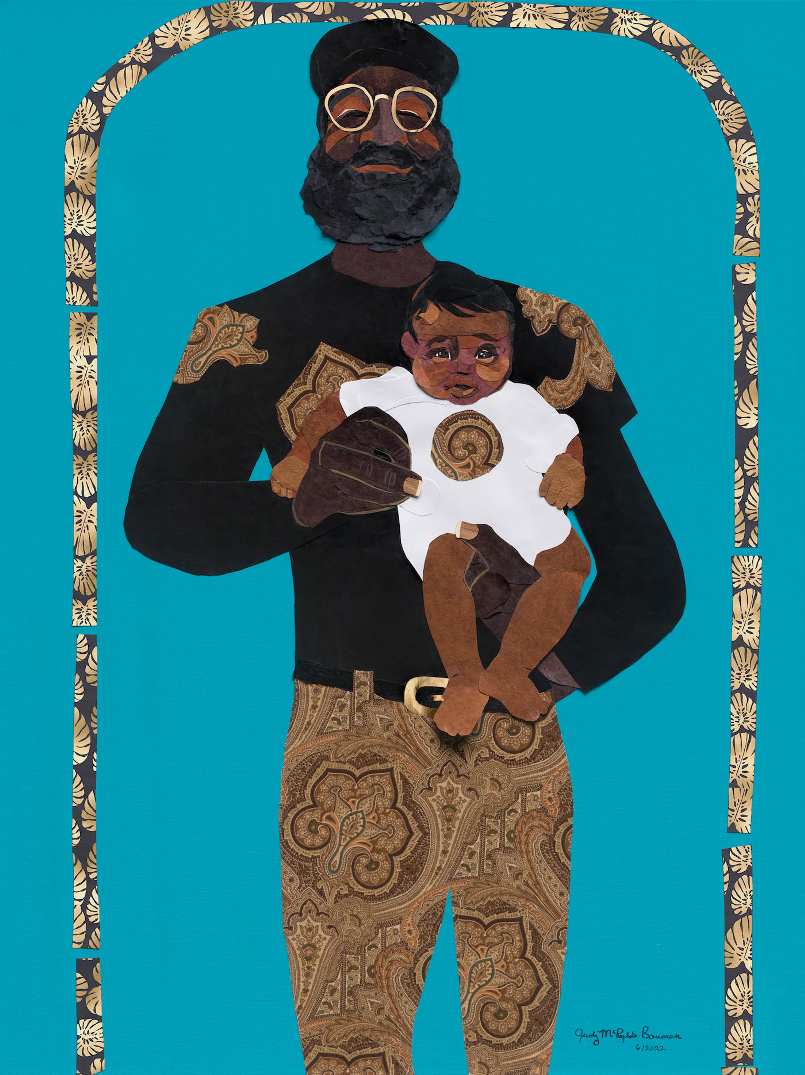 Judy Bowman, Proud Papa, 2022. Mixed media
collage on canvas 48 x 36 in 121.9 x 91.4 cm. Image courtesy the artist and Museum of Contemporary Art Detroit.