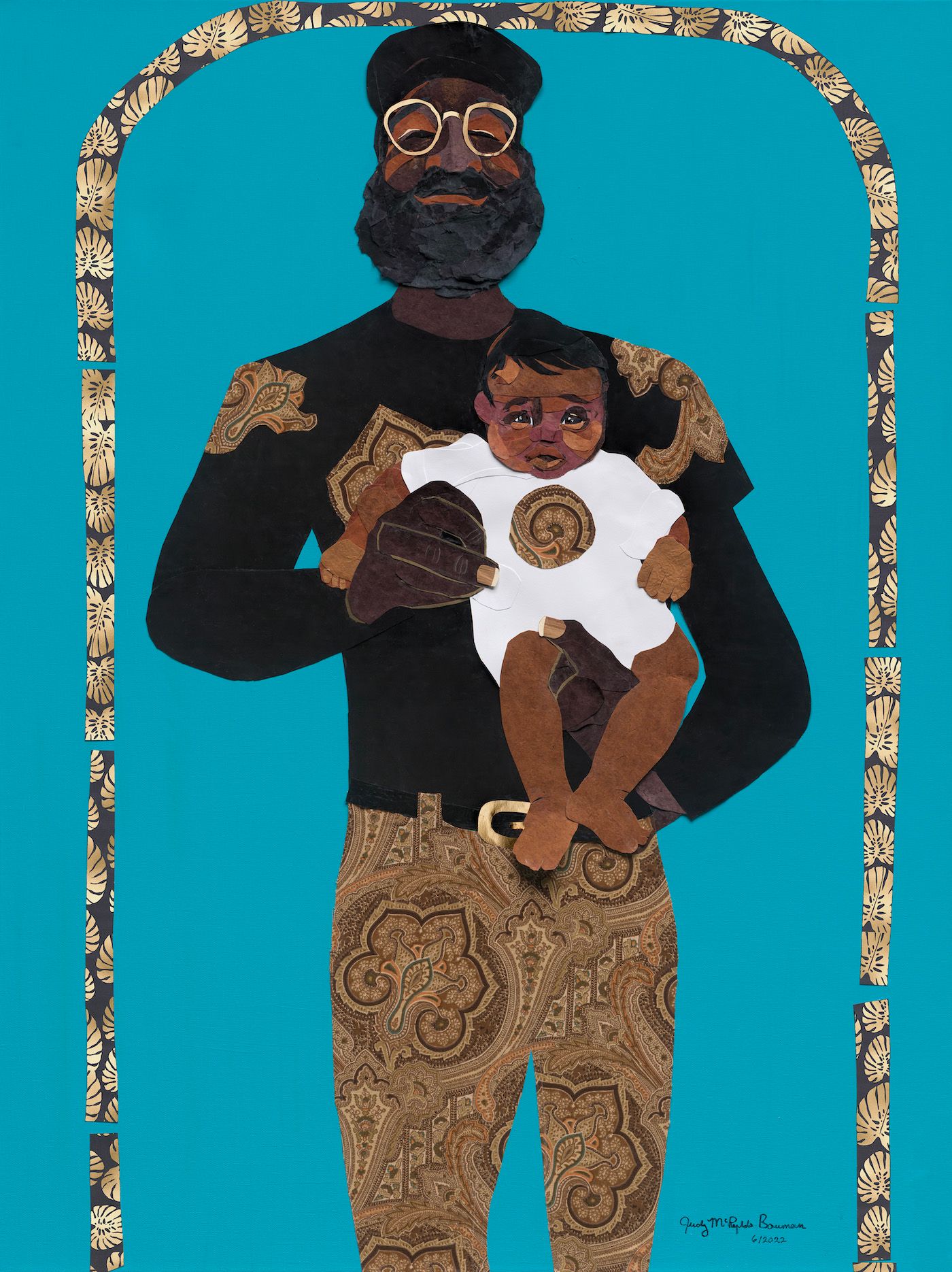 Judy Bowman, Proud Papa, 2022. Mixed media
collage on canvas 48 x 36 in 121.9 x 91.4 cm. Image courtesy the artist and Museum of Contemporary Art Detroit.