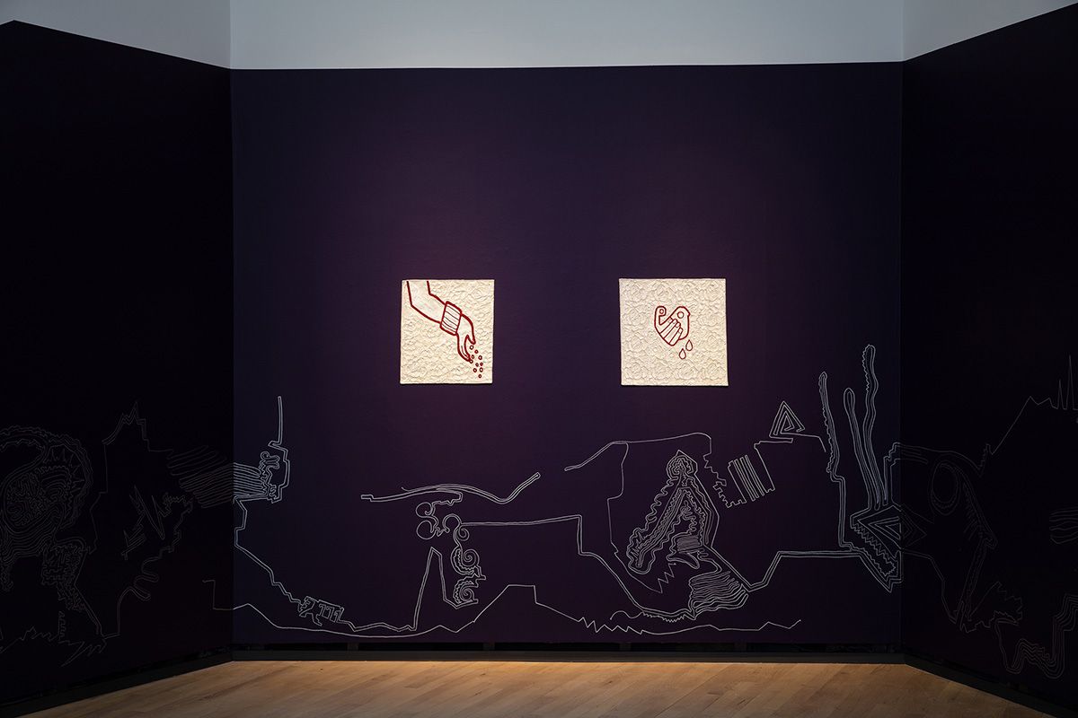 Guadalupe Maravilla, Tripa Chuca wall drawing detail and Embroideries_Sound Botánica at Henie Onstad Kunstsenter. Photo: Christian Tunge.