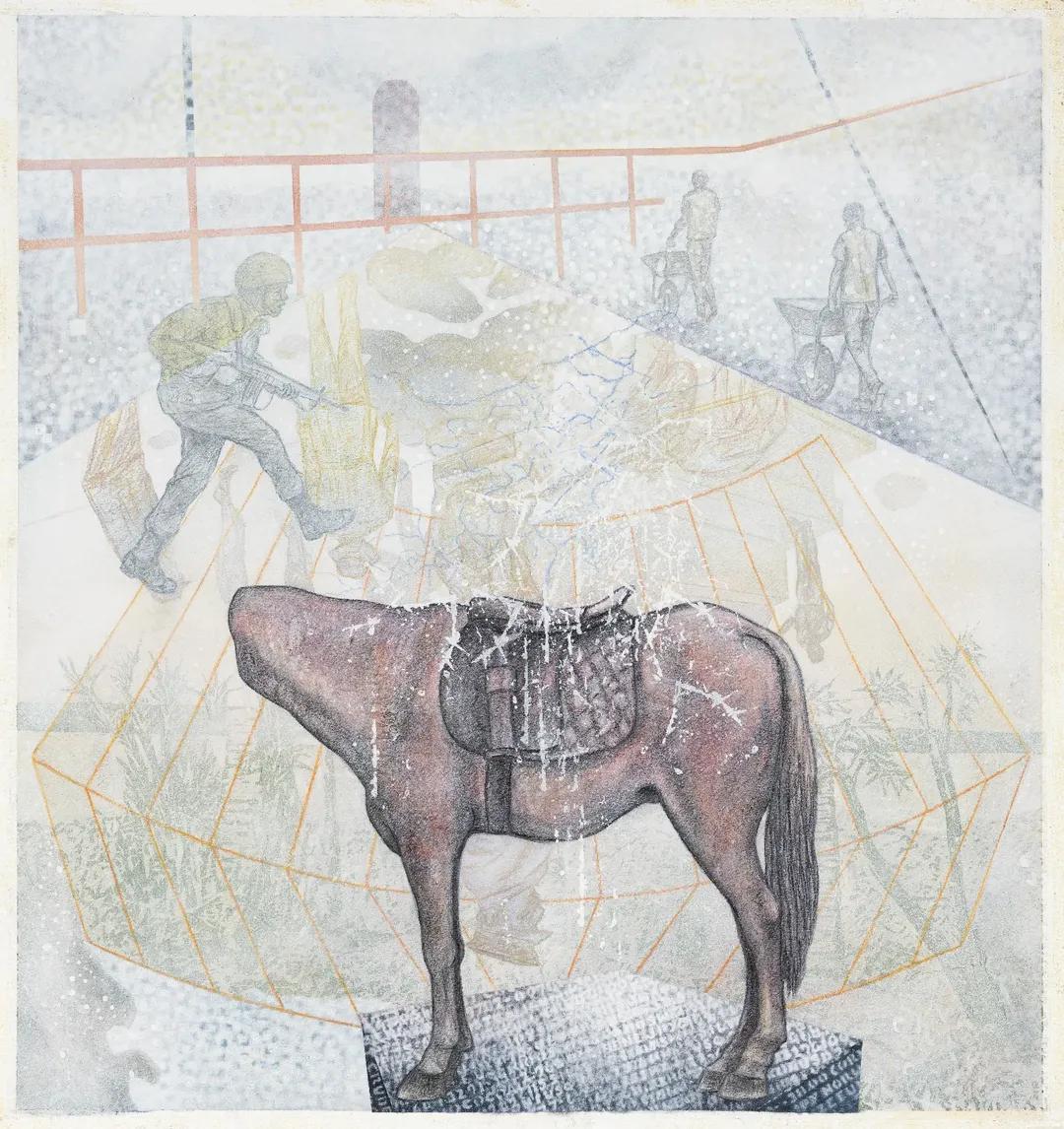 A surreal painting featuring a headless, saddled horse in the foreground, with faint figures of a soldier and two men pushing wheelbarrows in the background, overlaid with a translucent geometric grid.