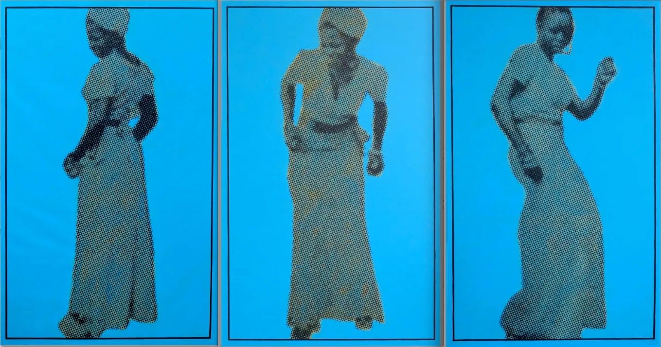 Three halftone-style figures of women in long dresses dancing on bright blue panels.