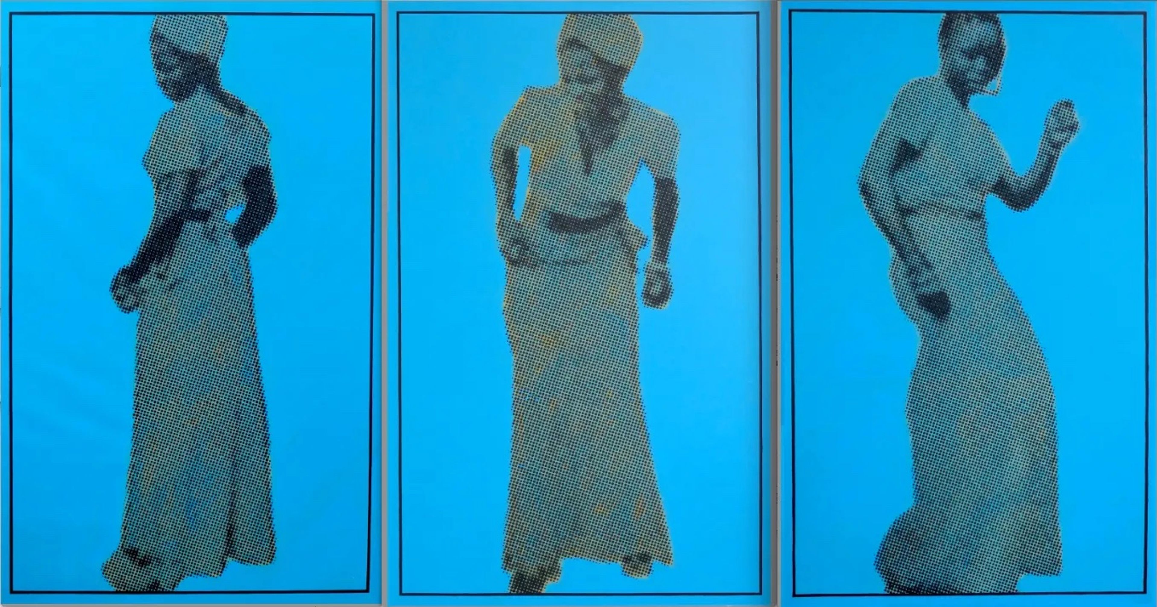 Three halftone-style figures of women in long dresses dancing on bright blue panels.