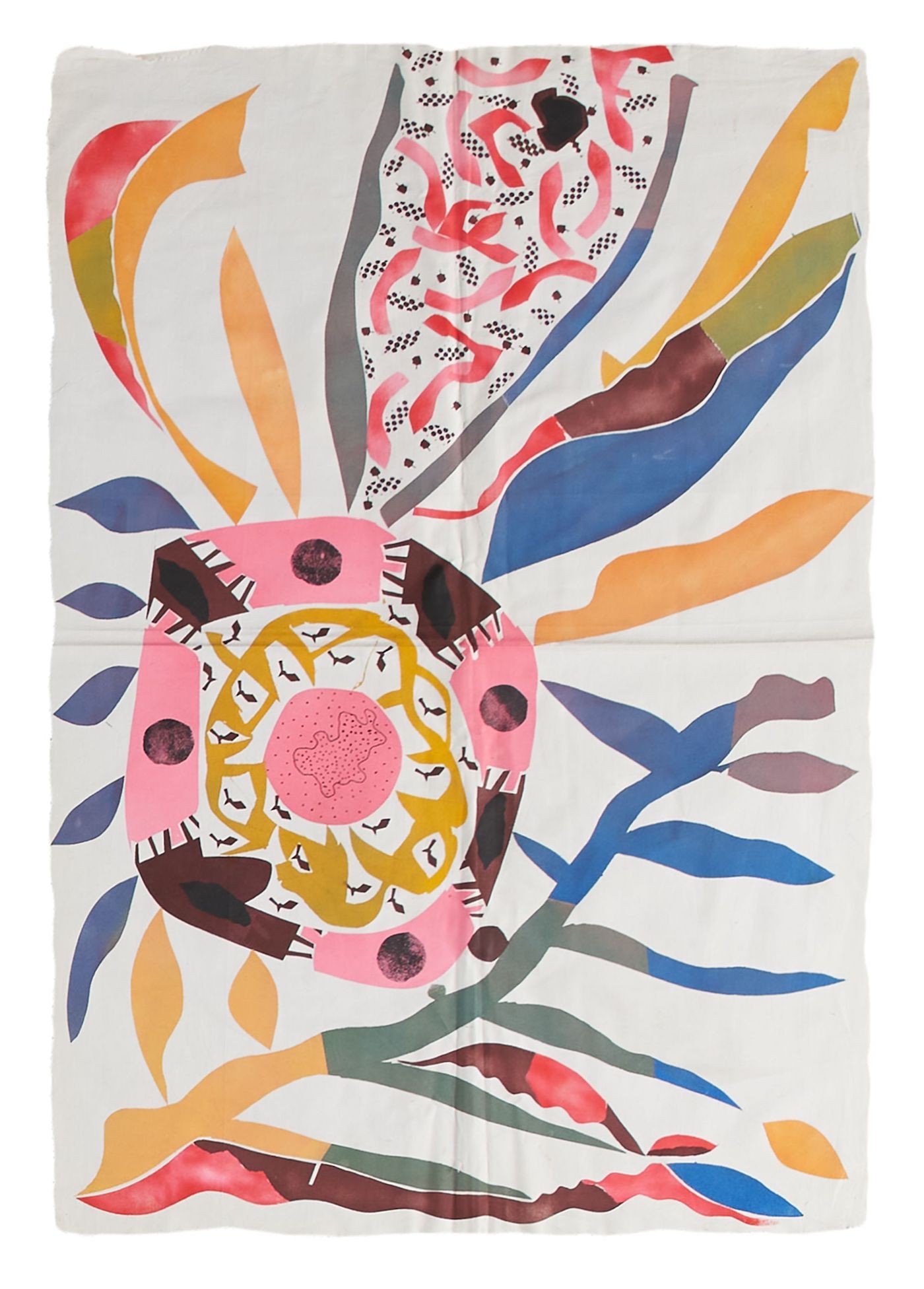 Hamid Zénati described nature as his main source of inspiration, believing it produces the most perfect patterns. It is therefore no surprise that various books on birds, fish, underwater plants and fauna may be found in his eclectic library. The wealth of images in them served as visual stimulus for his work.
Hamid Zénati, Untitled, undated, fabric paint on textile, 93 x 64 cm. Courtesy Hamid Zénati Estate; Photo: Maximilian Geuter.