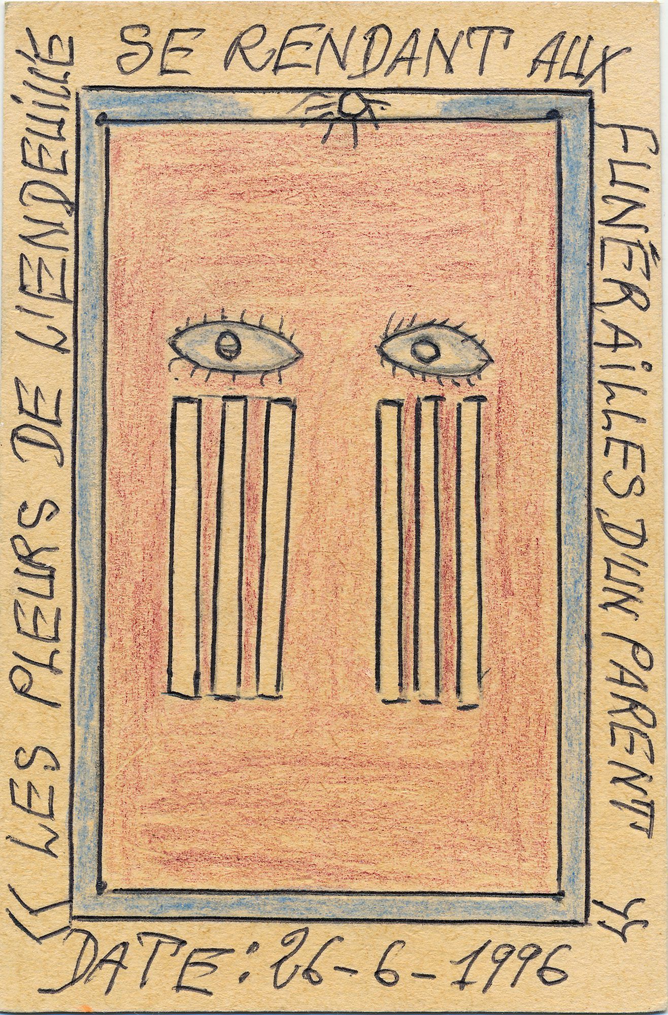 Frédéric Bruly Bouabré. « Les pleurs de l’endeuillé se rendant aux funérailles d’un parent » from Musée du visage africain. 1996. Ballpoint pen and colored pencil on cardboard, 5 7/8 × 3 15/16″ (15 × 10 cm). The Jean Pigozzi Collection of African Art. © 2022 Family of Frédéric Bruly Bouabré