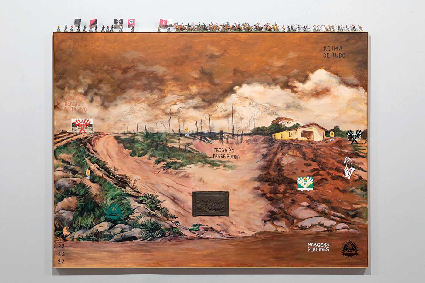 Jaime Lauriano, “Independência e morte”, 2022, acrylic, adhesives, charcoal, inkjet prints, drypoint and toy soldiers on MDF board. Photo: Press