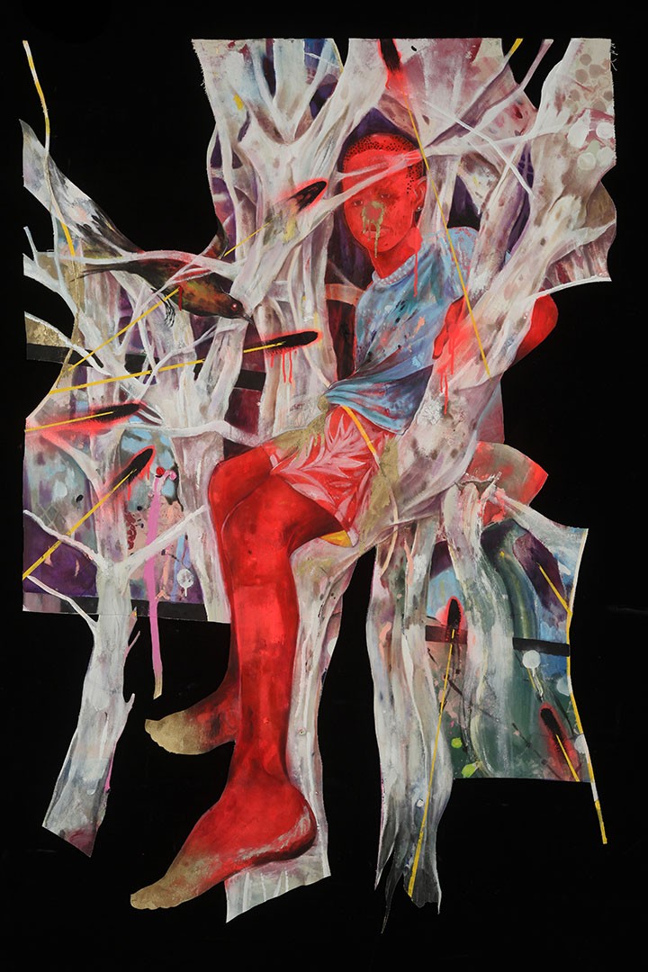 Lavar Munroe, “Spy Boy,” 2018. Acrylic and earing stud on untrimmed canvas. Courtesy of the Artist and Jenkins Johnson Gallery, San Francisco and New York.