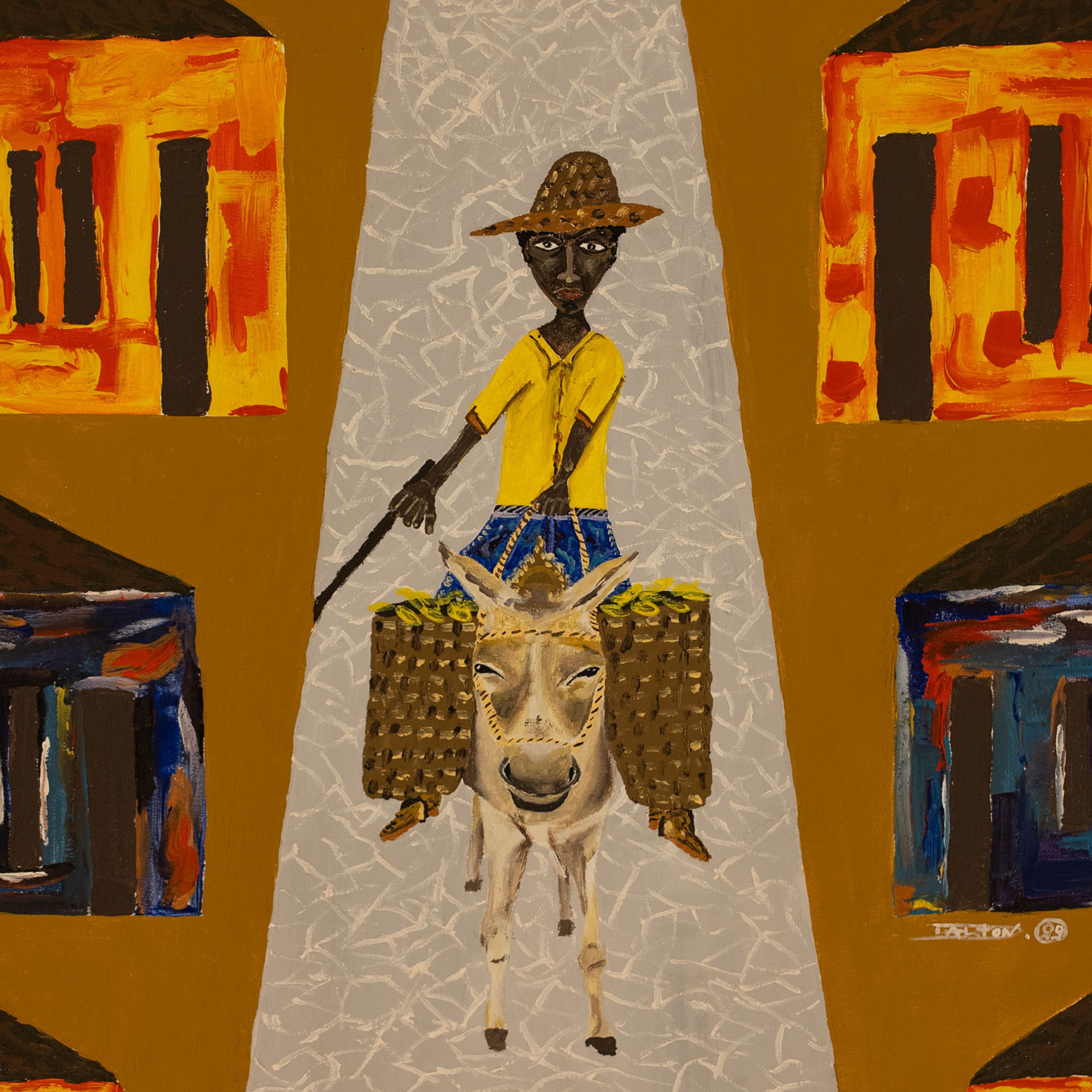 A folk art painting of a man in a straw hat riding a donkey loaded with produce baskets on a path, flanked by colorful buildings.
