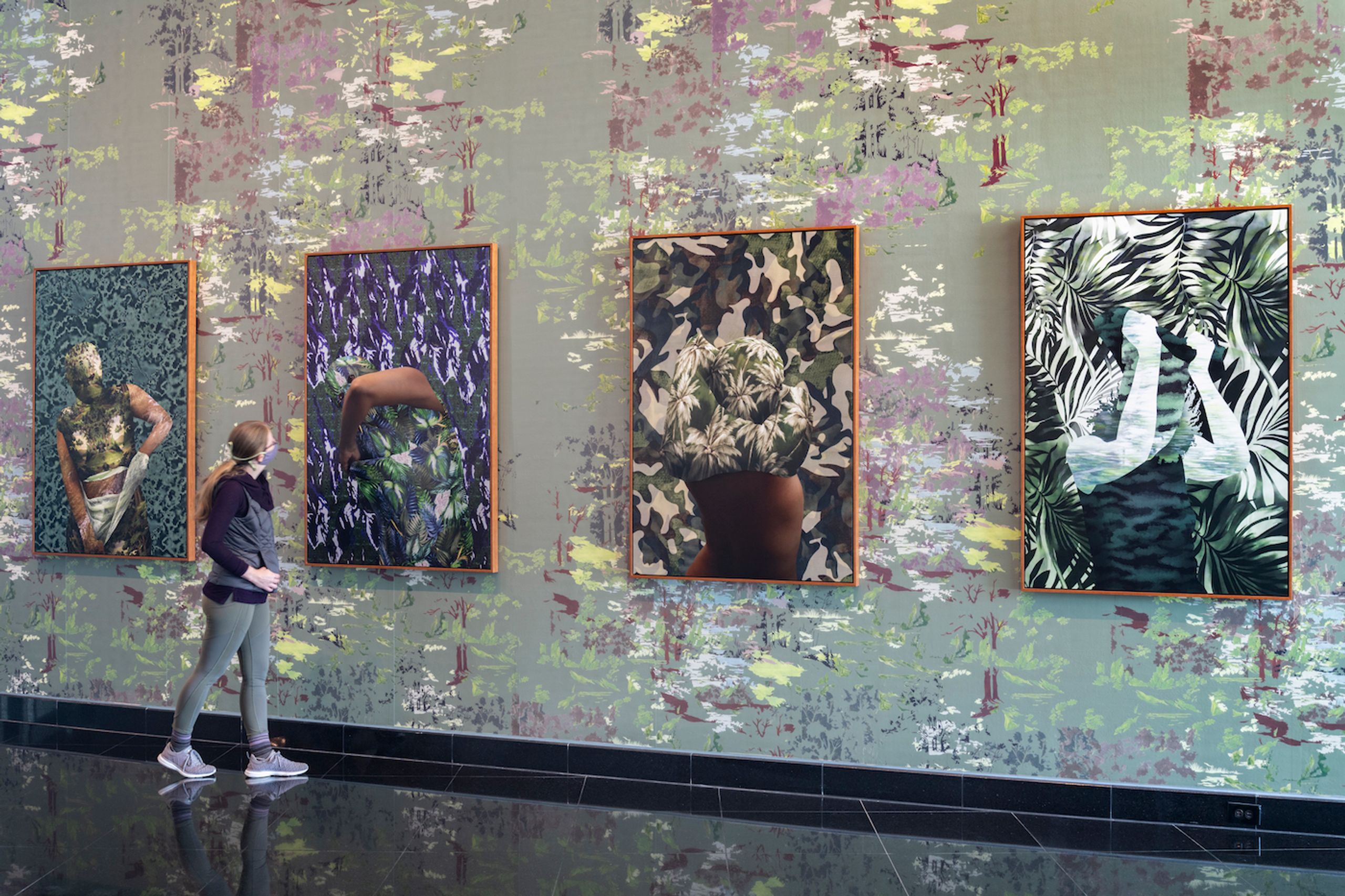 Joiri Minaya, Divergences, 2020, framed archival pigment prints and wallpaper, 22 x 26 ft, Kemper Museum’s Atrium Project, Kansas City. Courtesy of the artist.