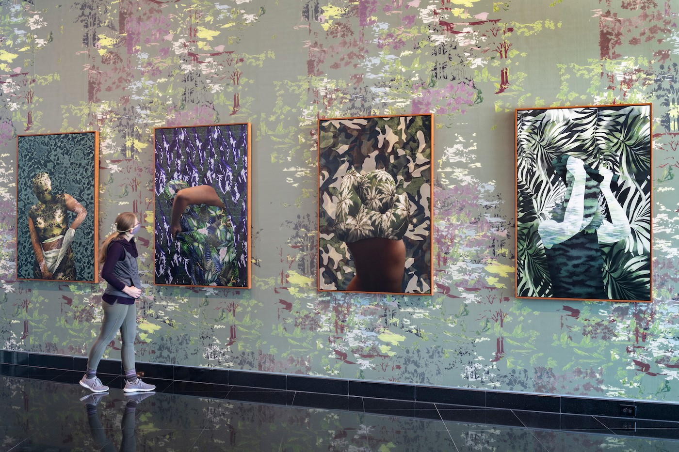 Joiri Minaya, Divergences, 2020, framed archival pigment prints and wallpaper, 22 x 26 ft, Kemper Museum’s Atrium Project, Kansas City. Courtesy of the artist.